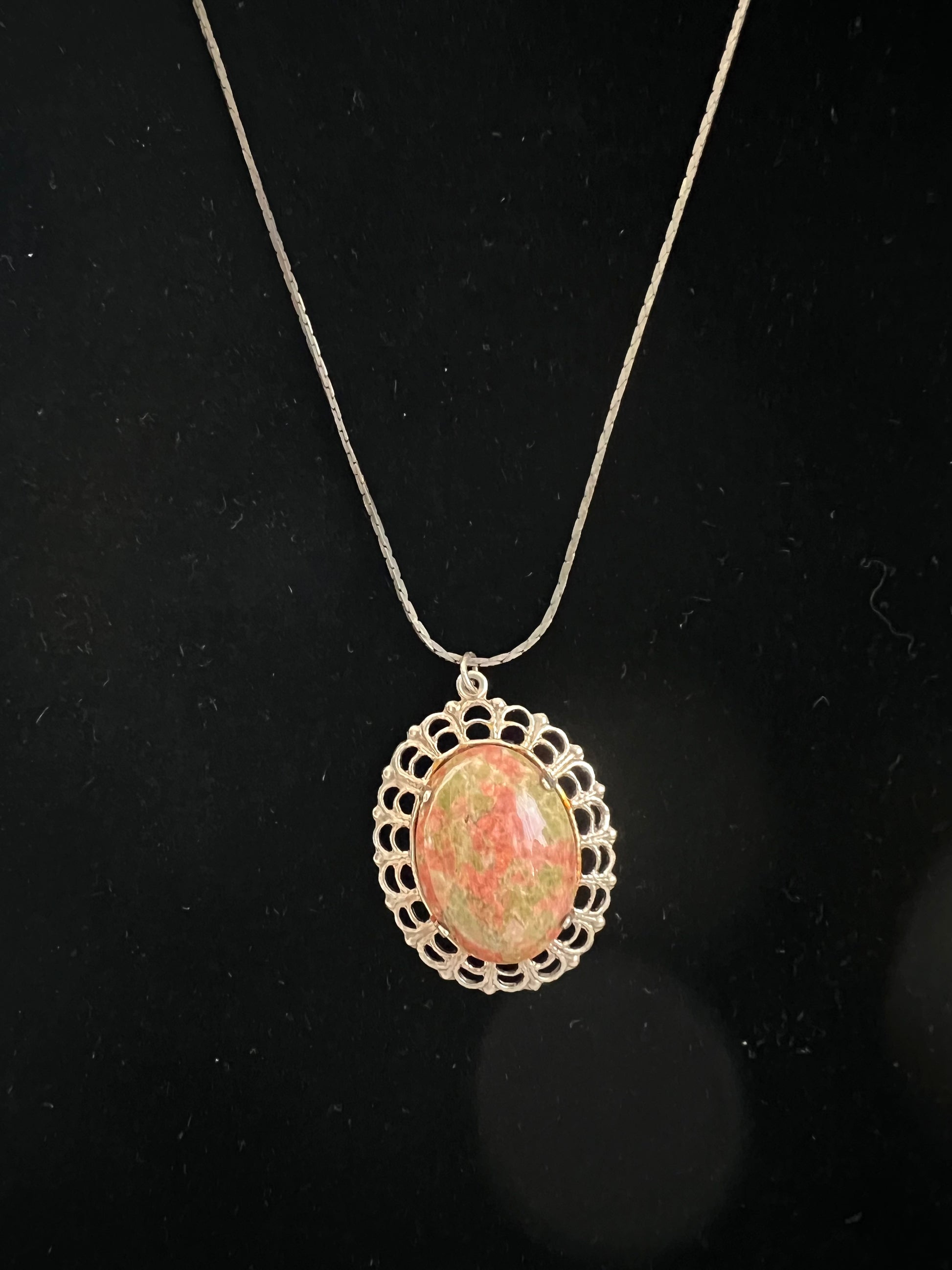 Oval Unakite Pendant Necklace Silver Metal Stamped Frame