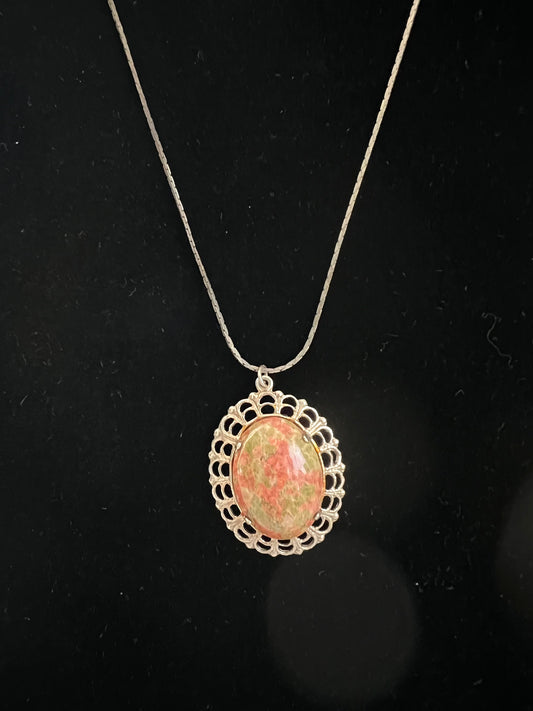 Oval Unakite Pendant Necklace Silver Metal Stamped Frame