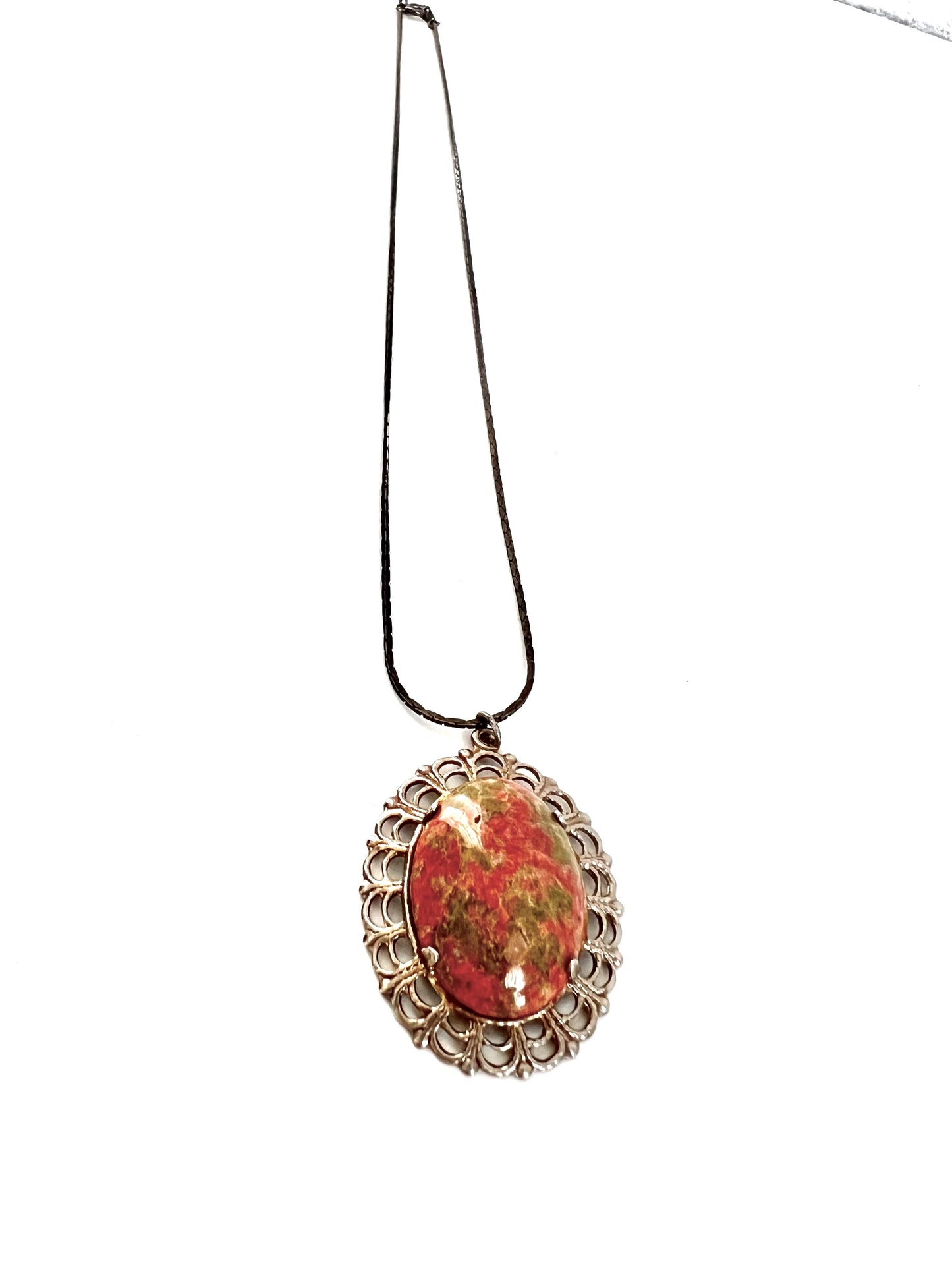 Oval Unakite Pendant Necklace Silver Metal Stamped Frame