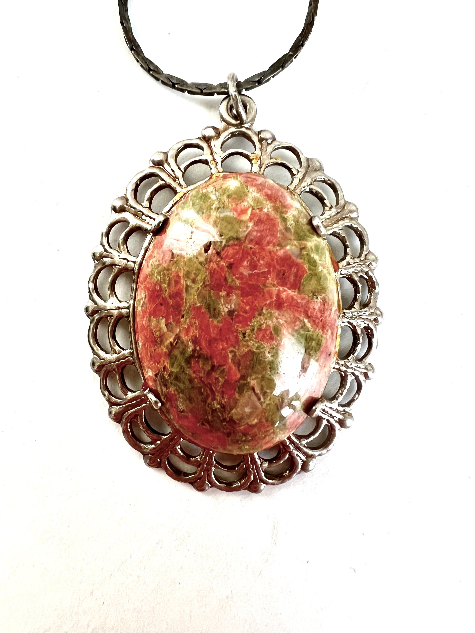 Oval Unakite Pendant Necklace Silver Metal Stamped Frame