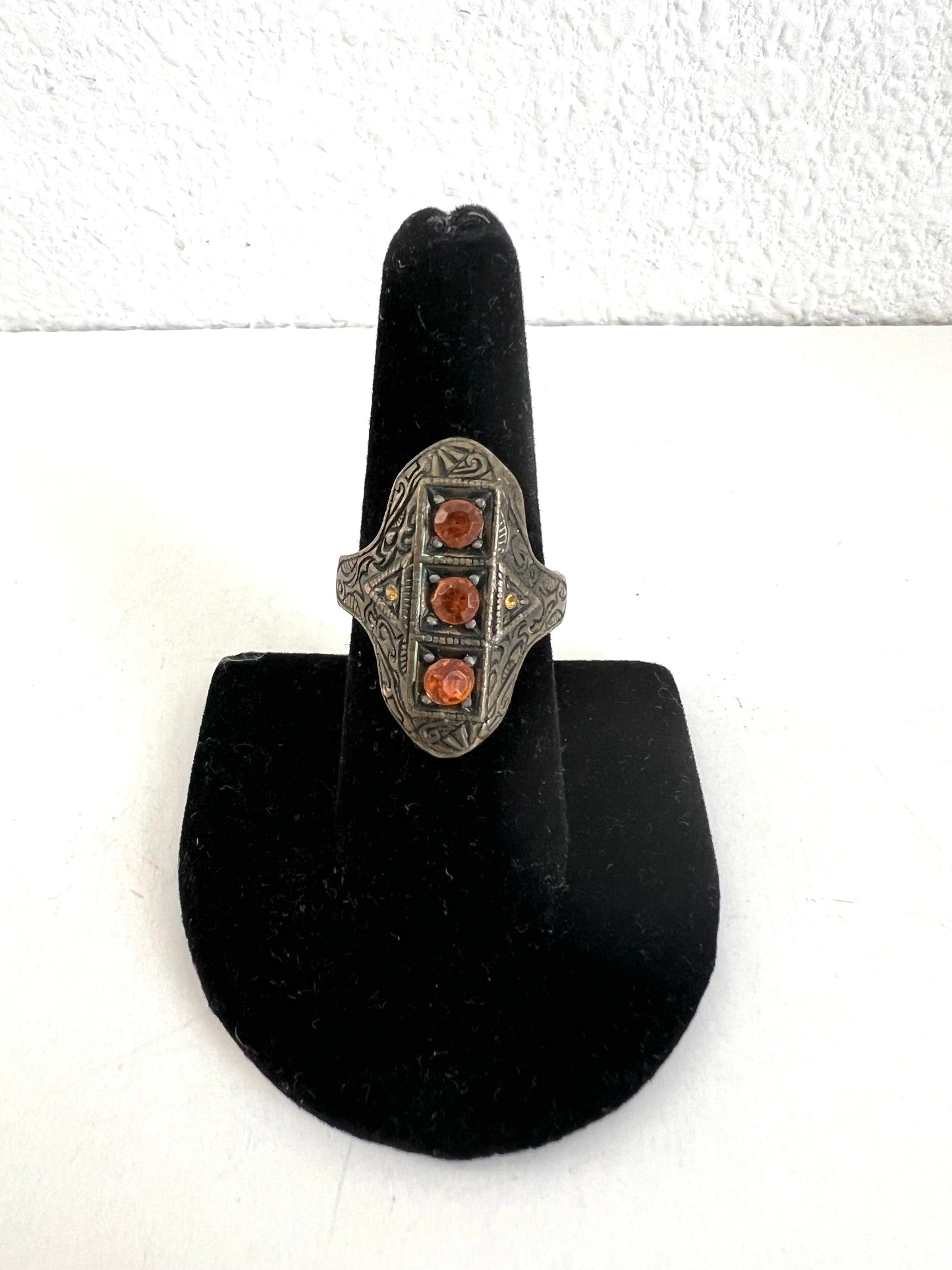 Antiqued Brass Amber Stone Shield Ring Size 8