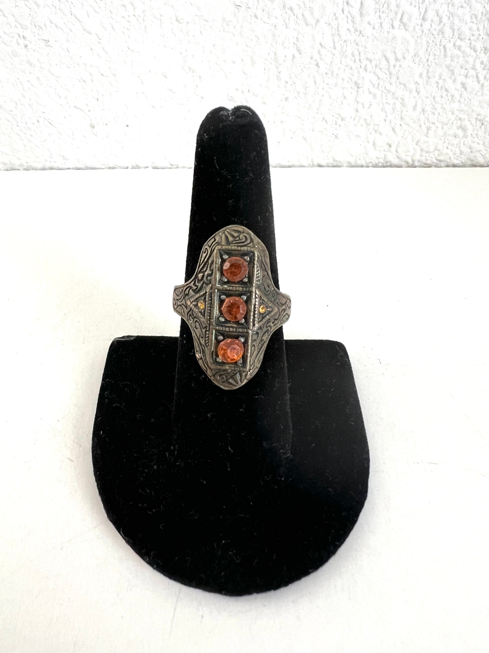 Antiqued Brass Amber Stone Shield Ring Size 8