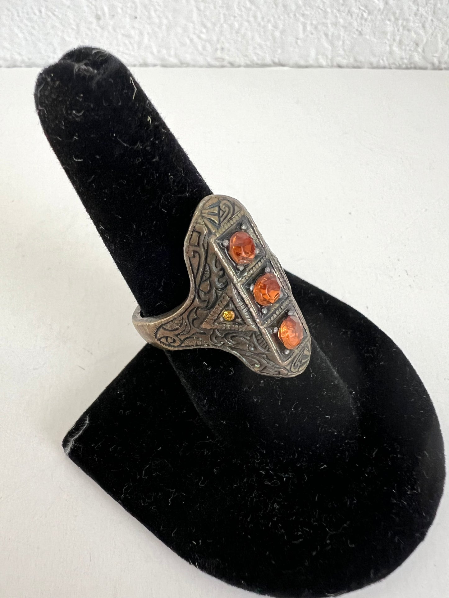 Antiqued Brass Amber Stone Shield Ring Size 8