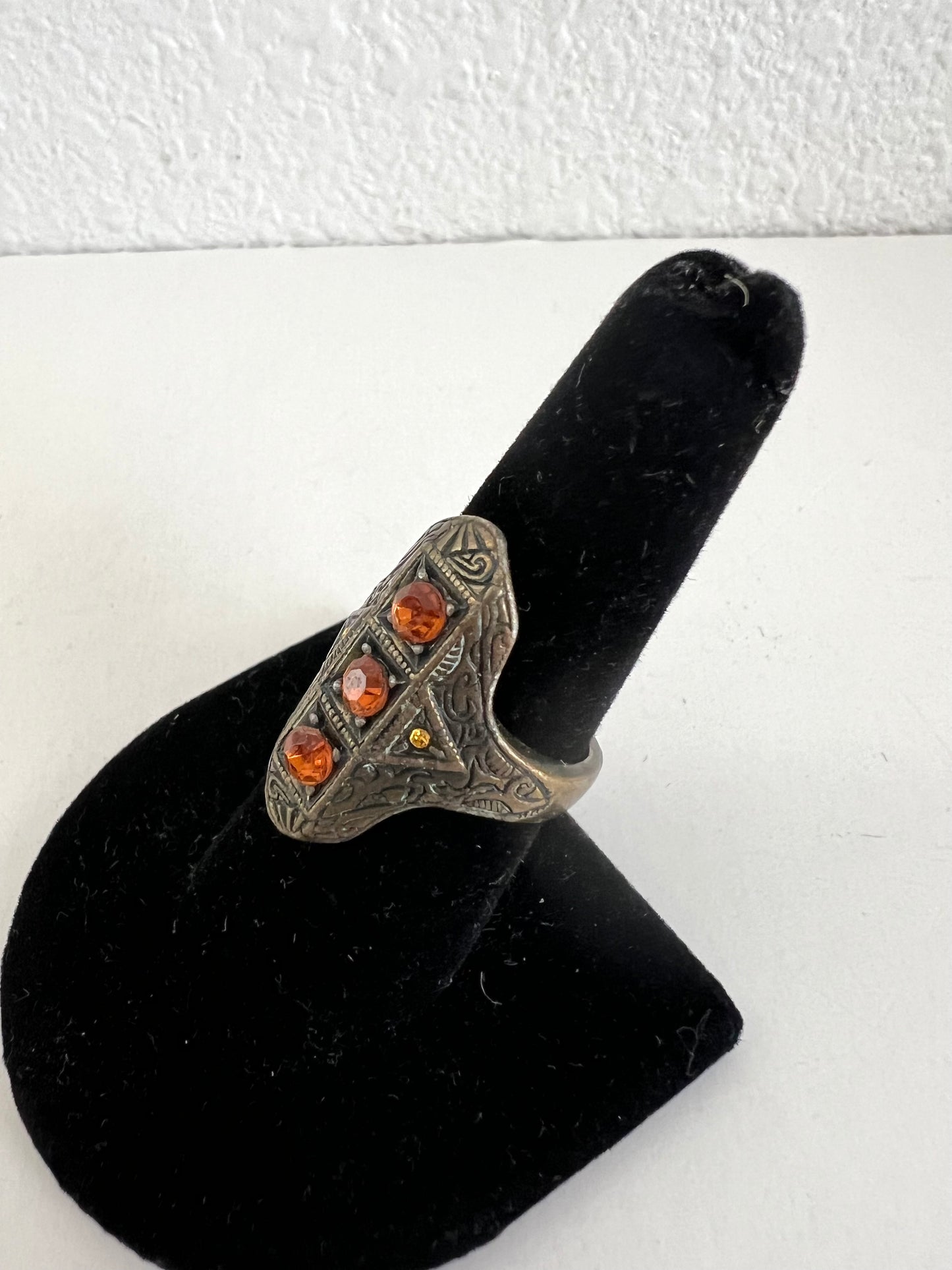 Antiqued Brass Amber Stone Shield Ring Size 8
