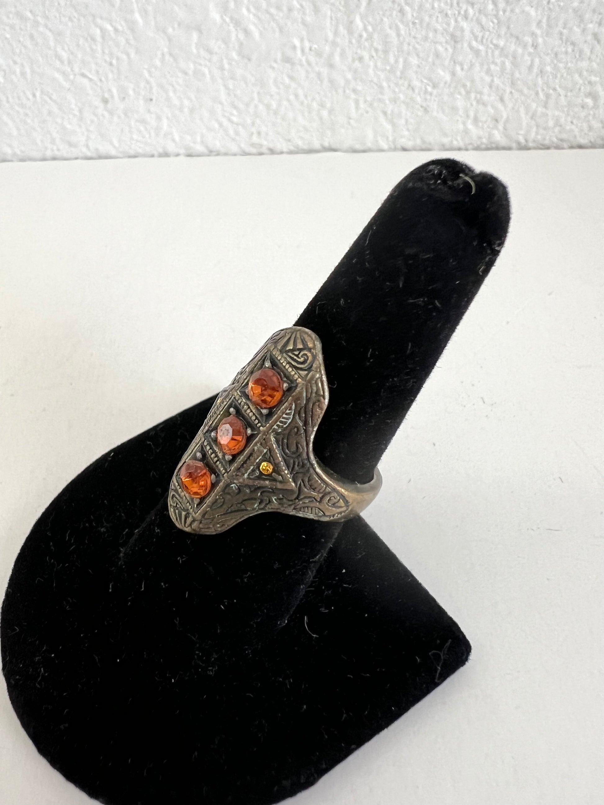 Antiqued Brass Amber Stone Shield Ring Size 8