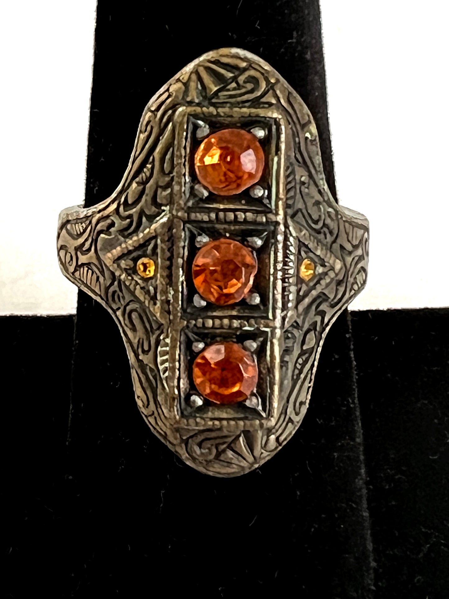 Antiqued Brass Amber Stone Shield Ring Size 8