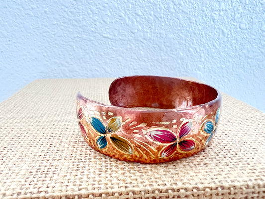 Hand Painted Floral Copper Cuff Bracelet