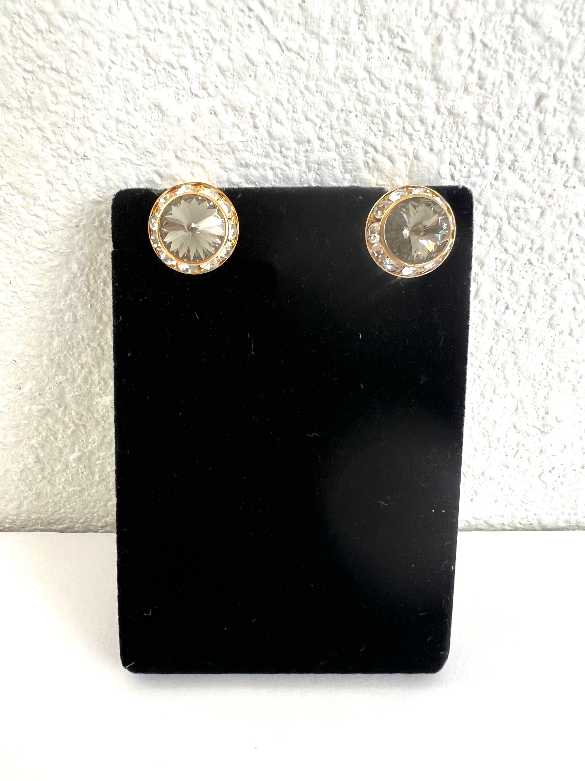 Smokey Crystal Rondel Rivoli Clip On Gold Tone Earrings