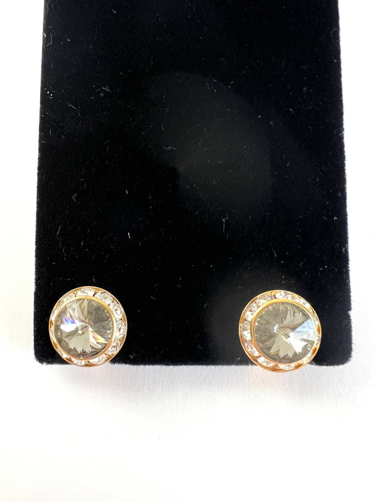 Smokey Crystal Rondel Rivoli Clip On Gold Tone Earrings