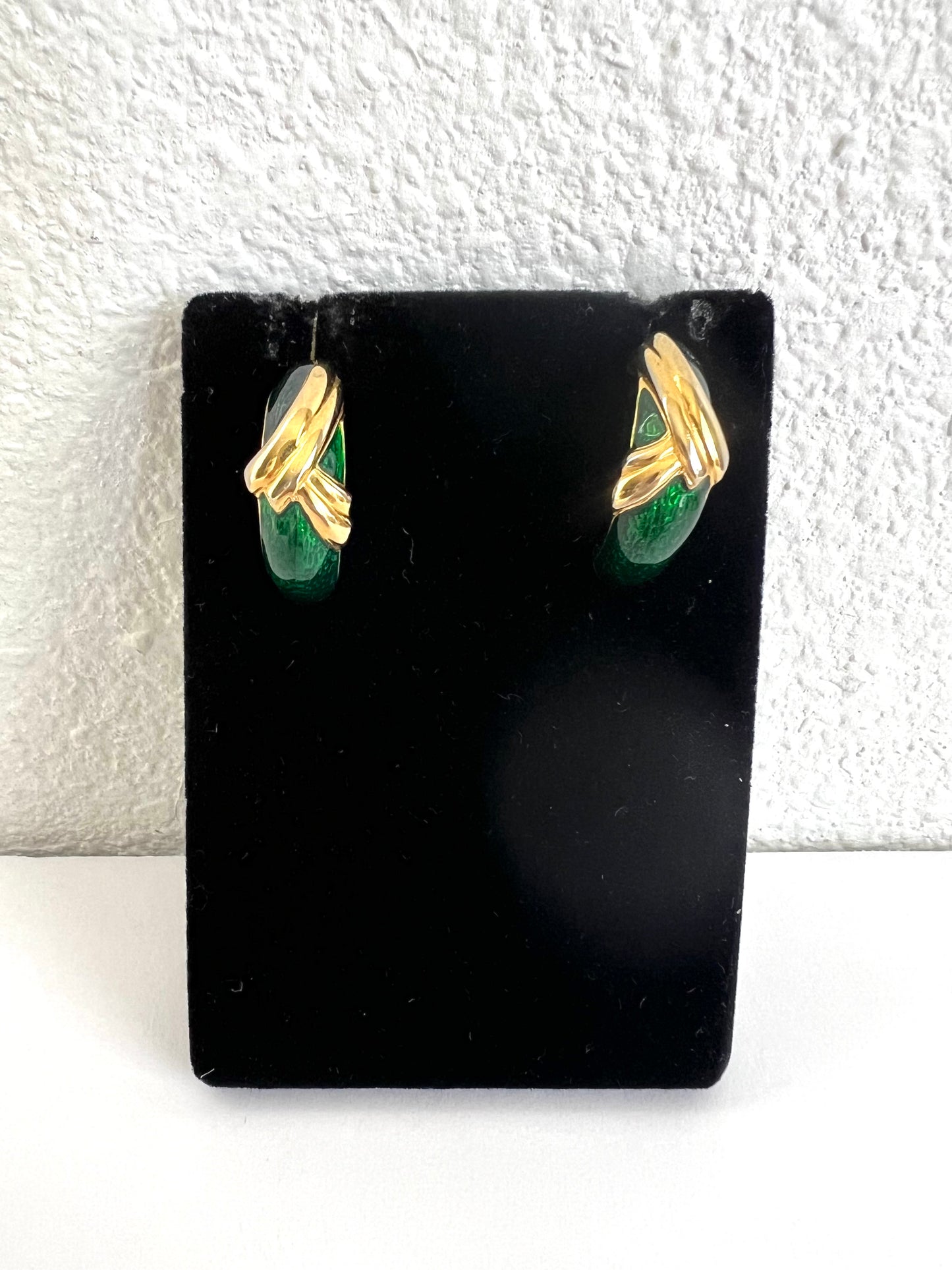 Green Enamel Gold Tone Half Hoop Earrings Pierced
