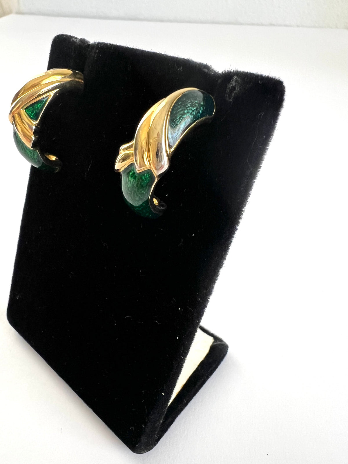 Green Enamel Gold Tone Half Hoop Earrings Pierced