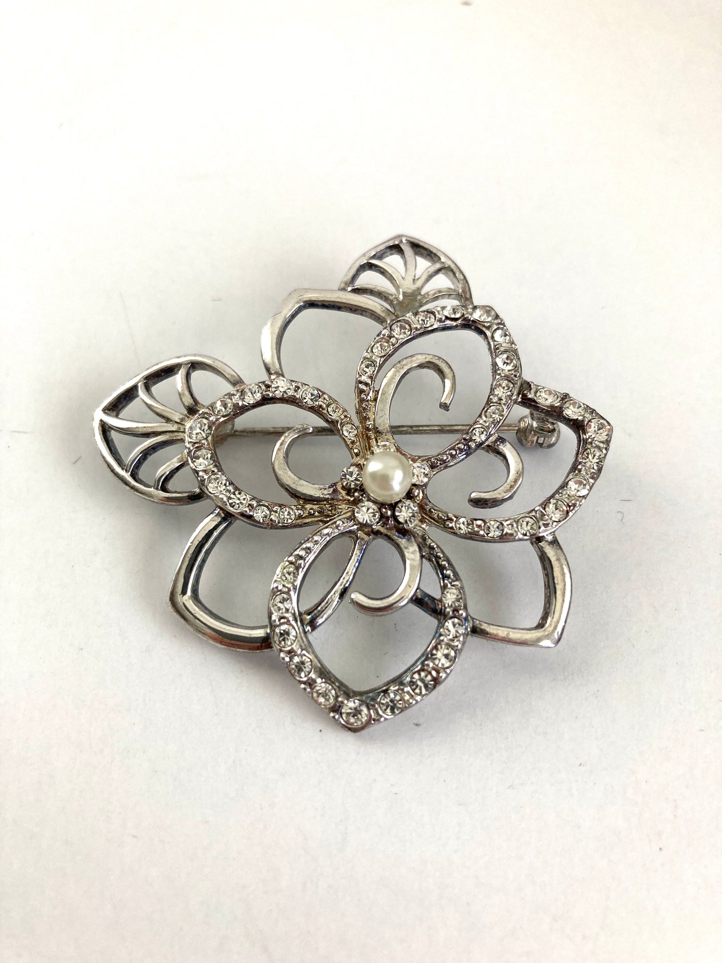 Silver & Crystal Open Flower Brooch Monet