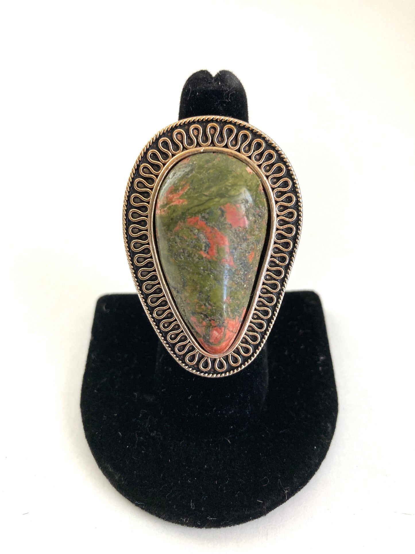 Large Unakite Ring Teardrop Shape