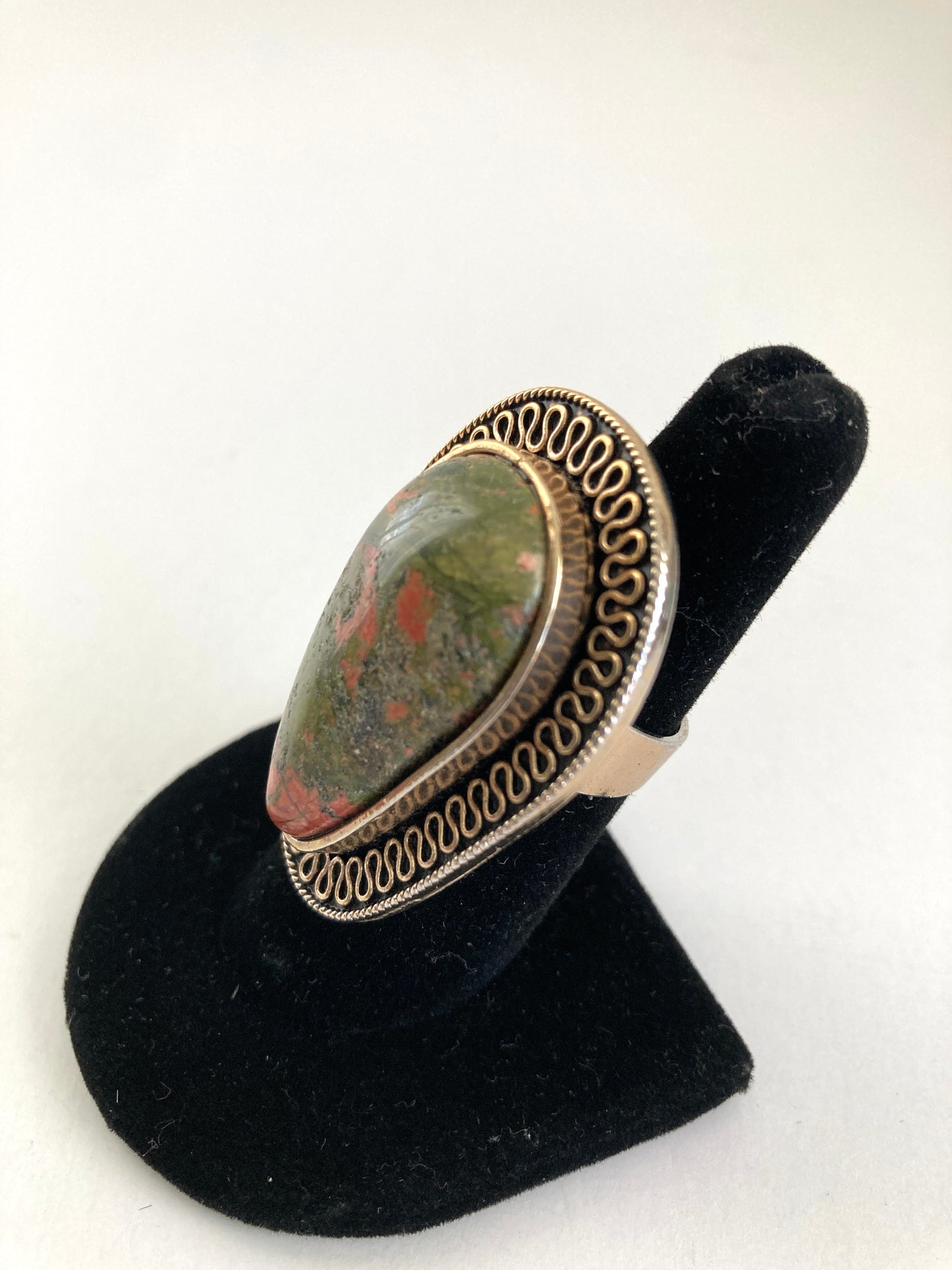 Large Unakite Ring Teardrop Shape