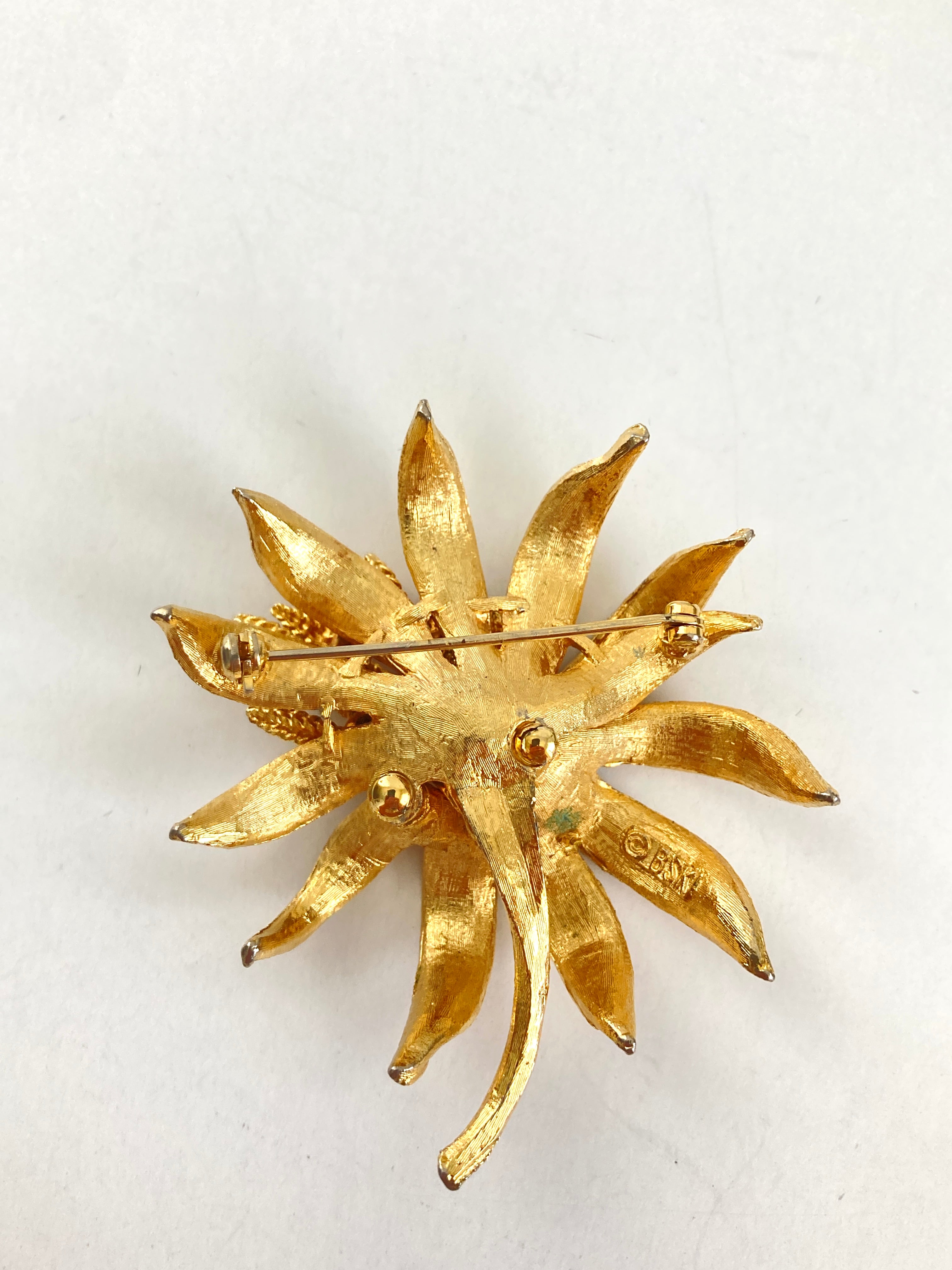 Large 2024 BSK Flower Brooch, Brass and Gold, length 2.5, width 2.5, style: mid-centu