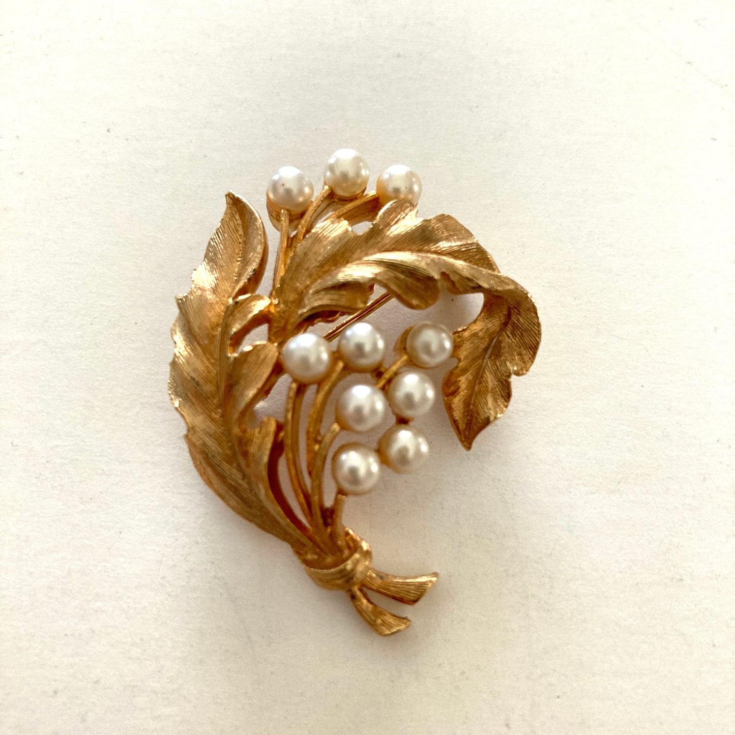 Gold Tone Leaves and Pearls Brooch by JJ