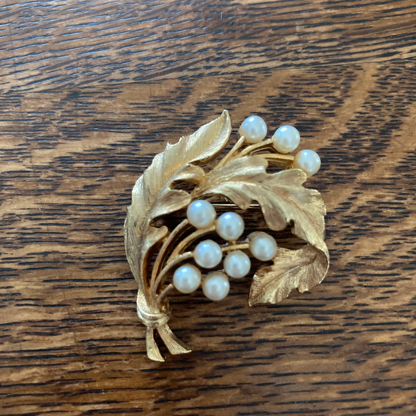 Gold Tone Leaves and Pearls Brooch by JJ