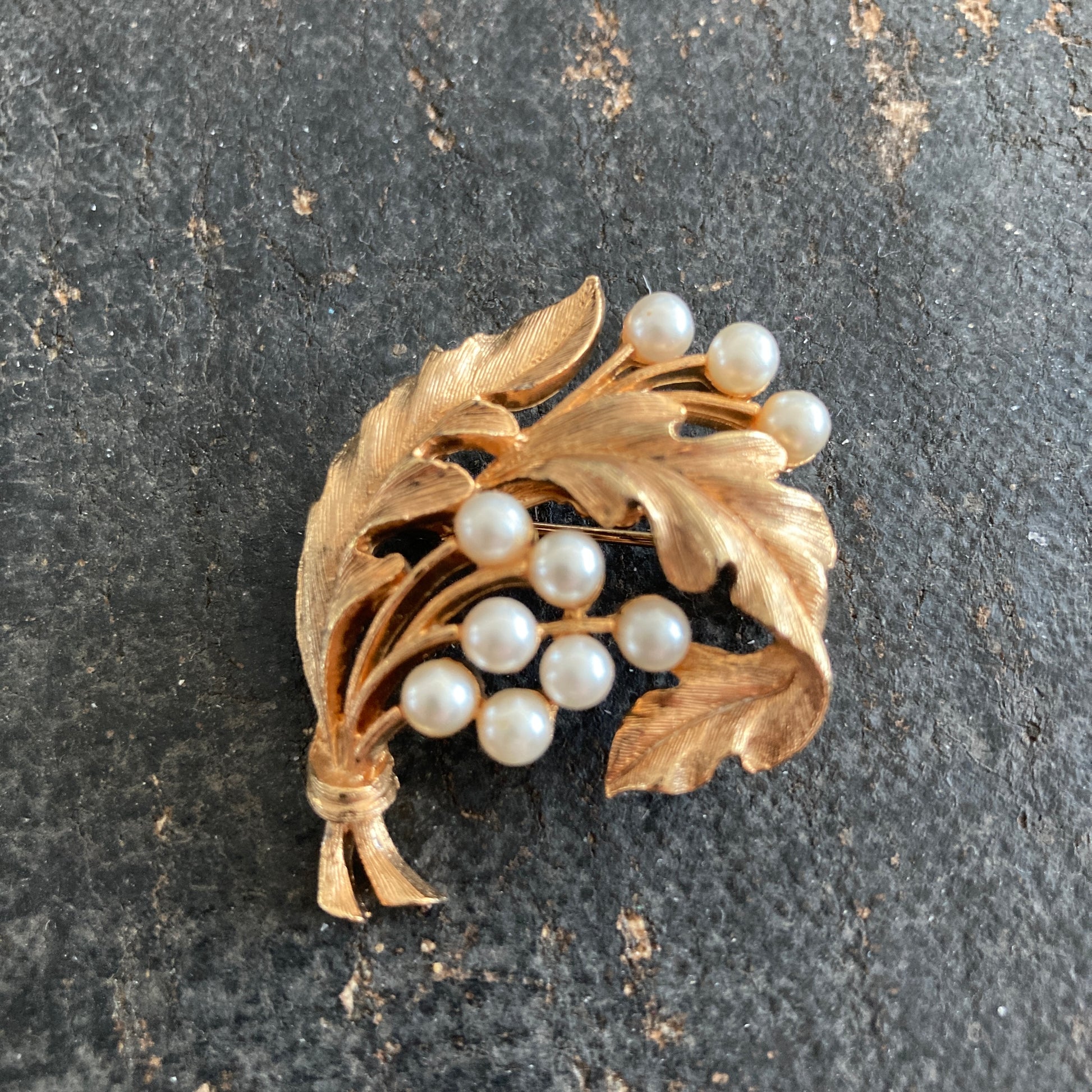 Gold Tone Leaves and Pearls Brooch by JJ