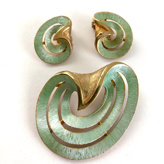 Pale Green & Gold Swirl Brooch and Earrings by JJ