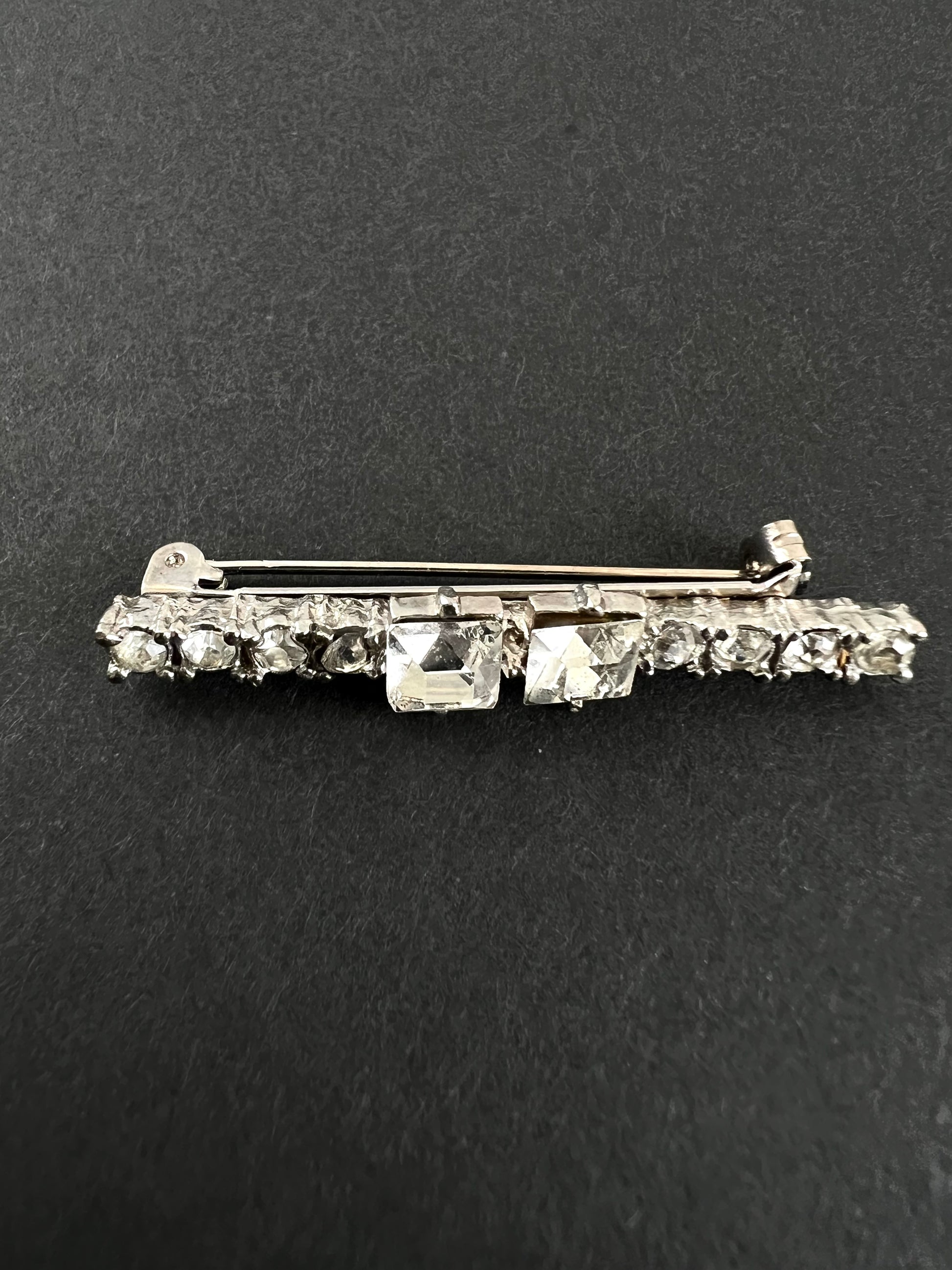 Rhinestone Silver Tone Antique Bar Brooch Emerald Cut Prong Set Stones