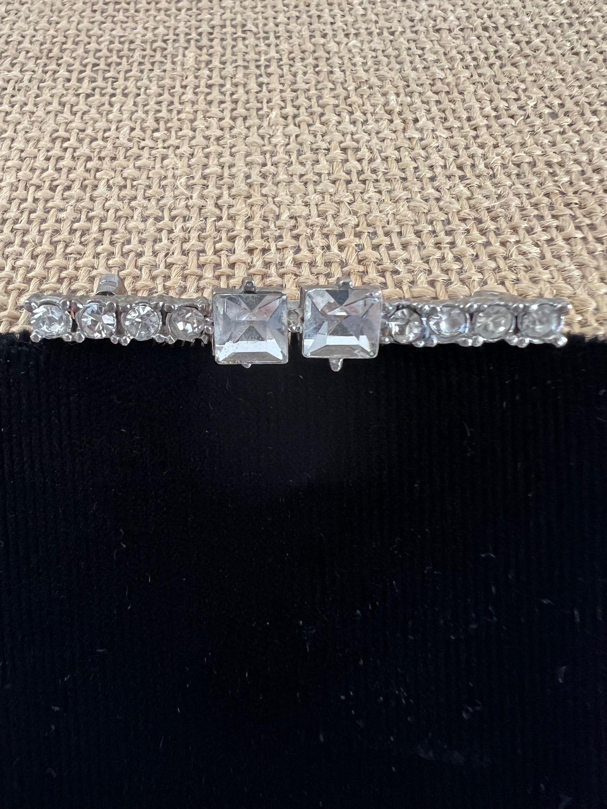 Rhinestone Silver Tone Antique Bar Brooch Emerald Cut Prong Set Stones