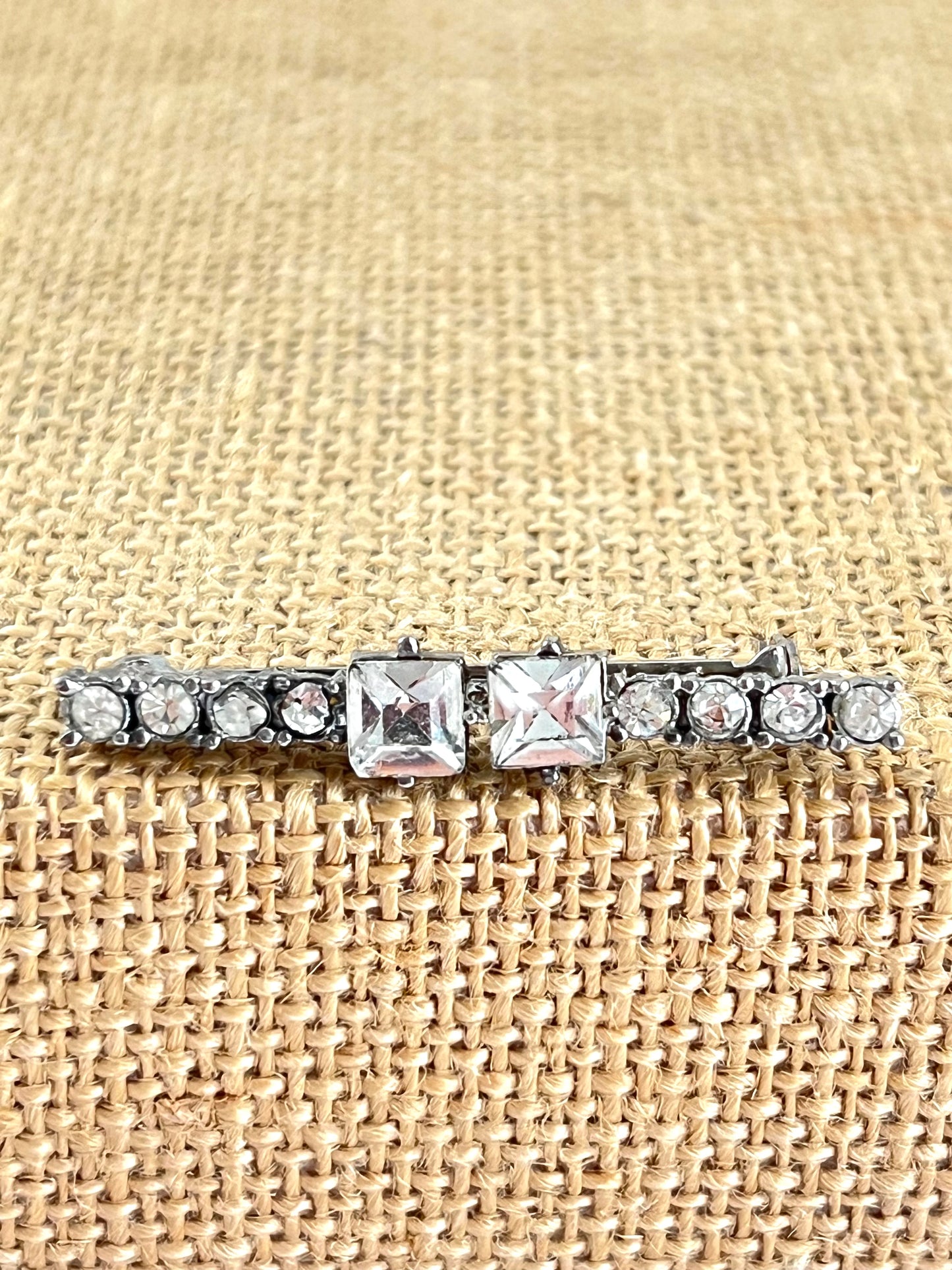 Rhinestone Silver Tone Antique Bar Brooch Emerald Cut Prong Set Stones