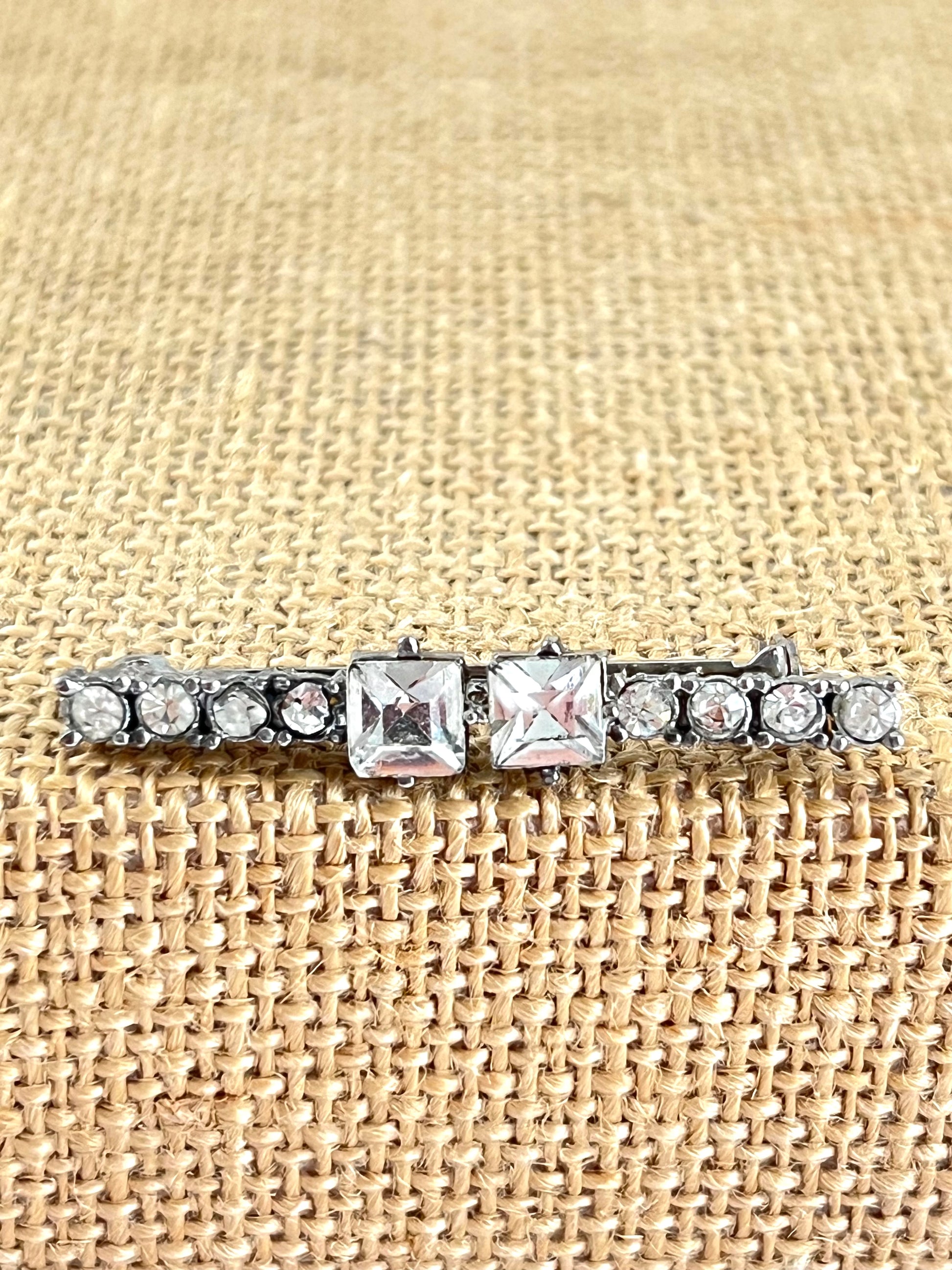 Rhinestone Silver Tone Antique Bar Brooch Emerald Cut Prong Set Stones