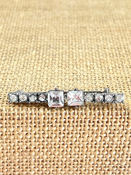 Rhinestone Silver Tone Antique Bar Brooch Emerald Cut Prong Set Stones