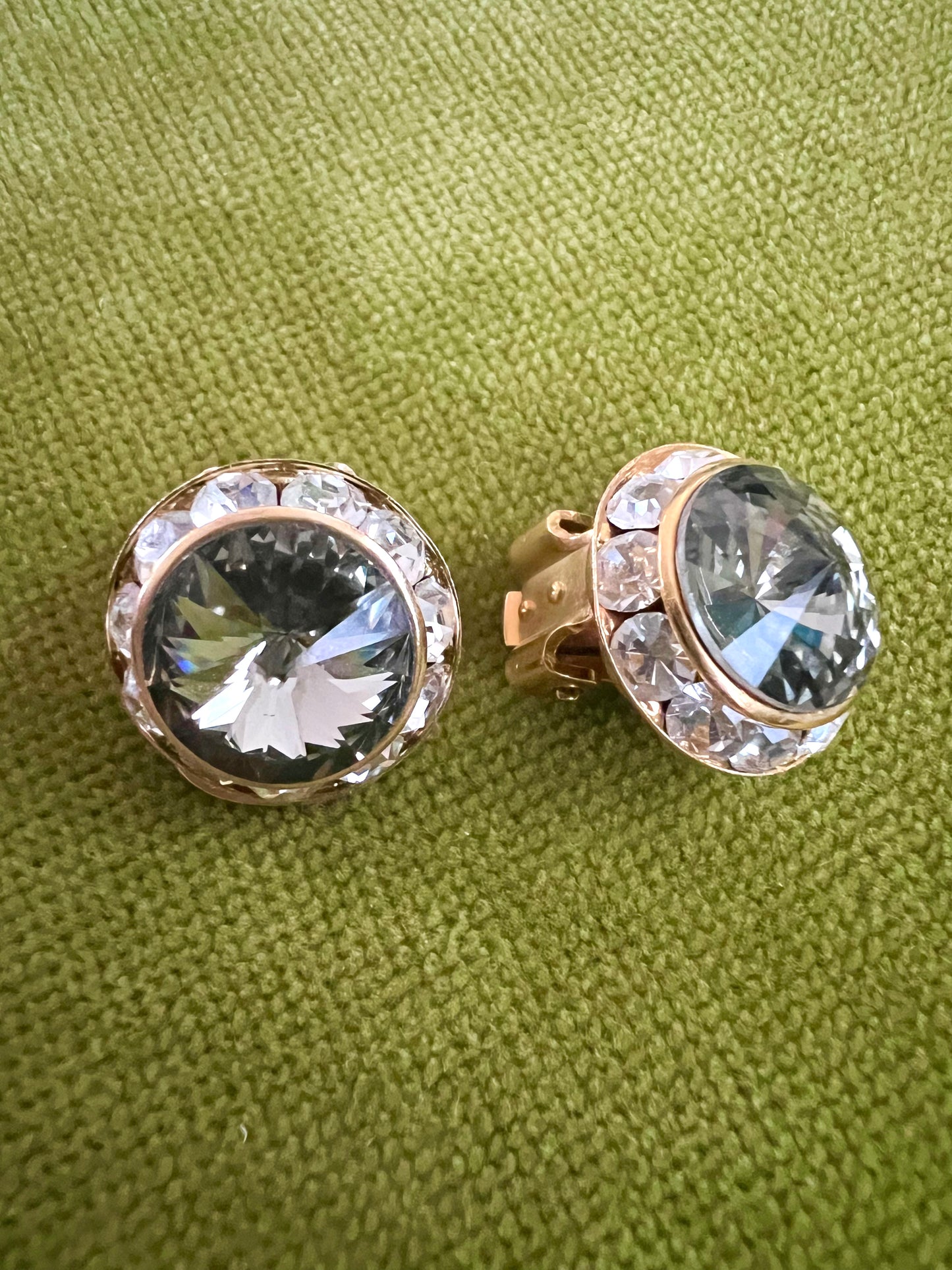Smokey Crystal Rondel Rivoli Clip On Gold Tone Earrings