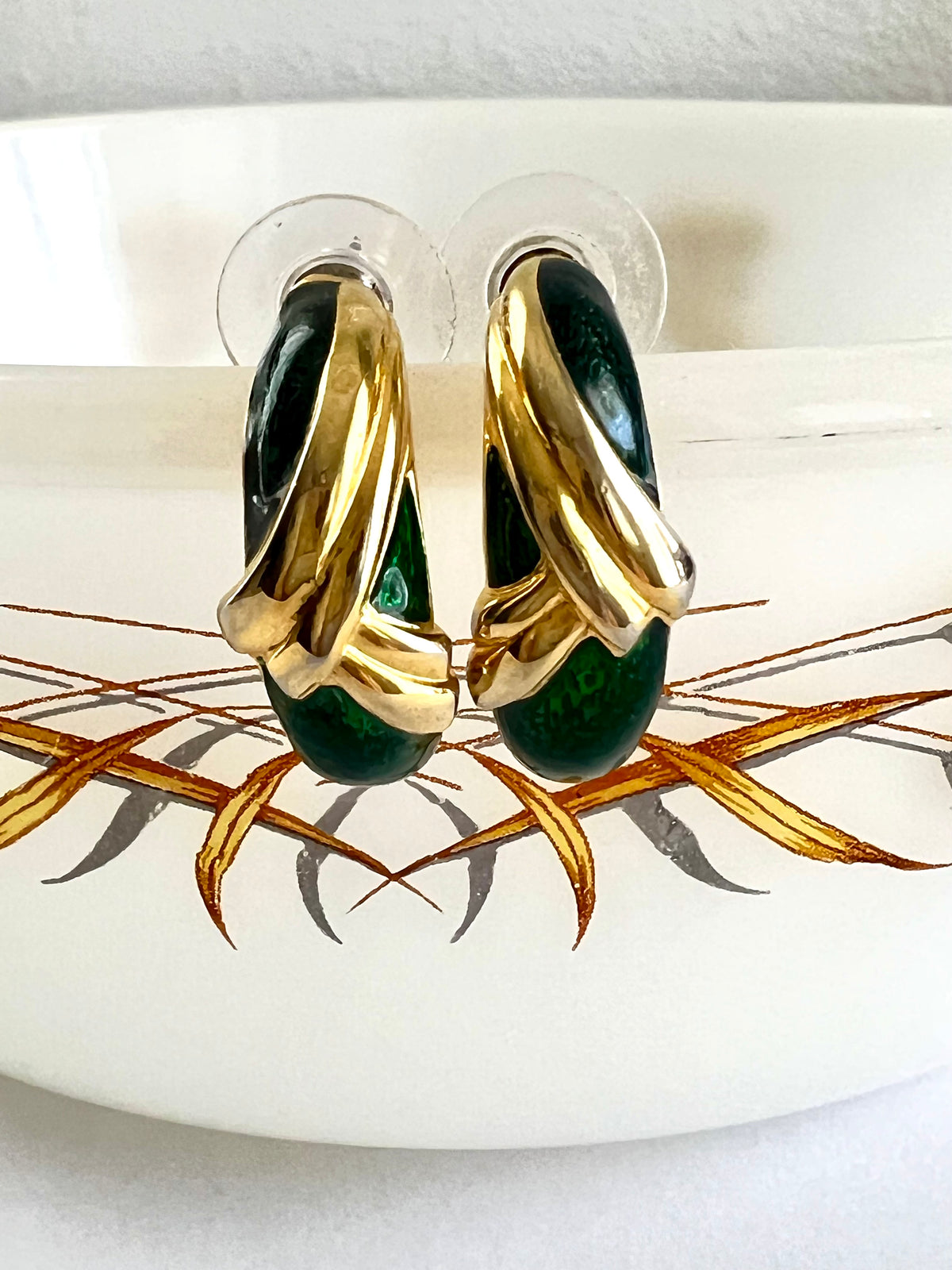 Green Enamel Gold Tone Half Hoop Earrings Pierced