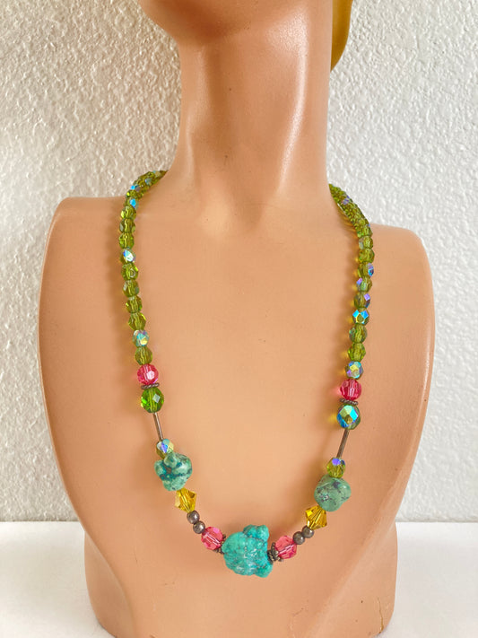 Green Crystal AB Necklace with Turquoise Stones