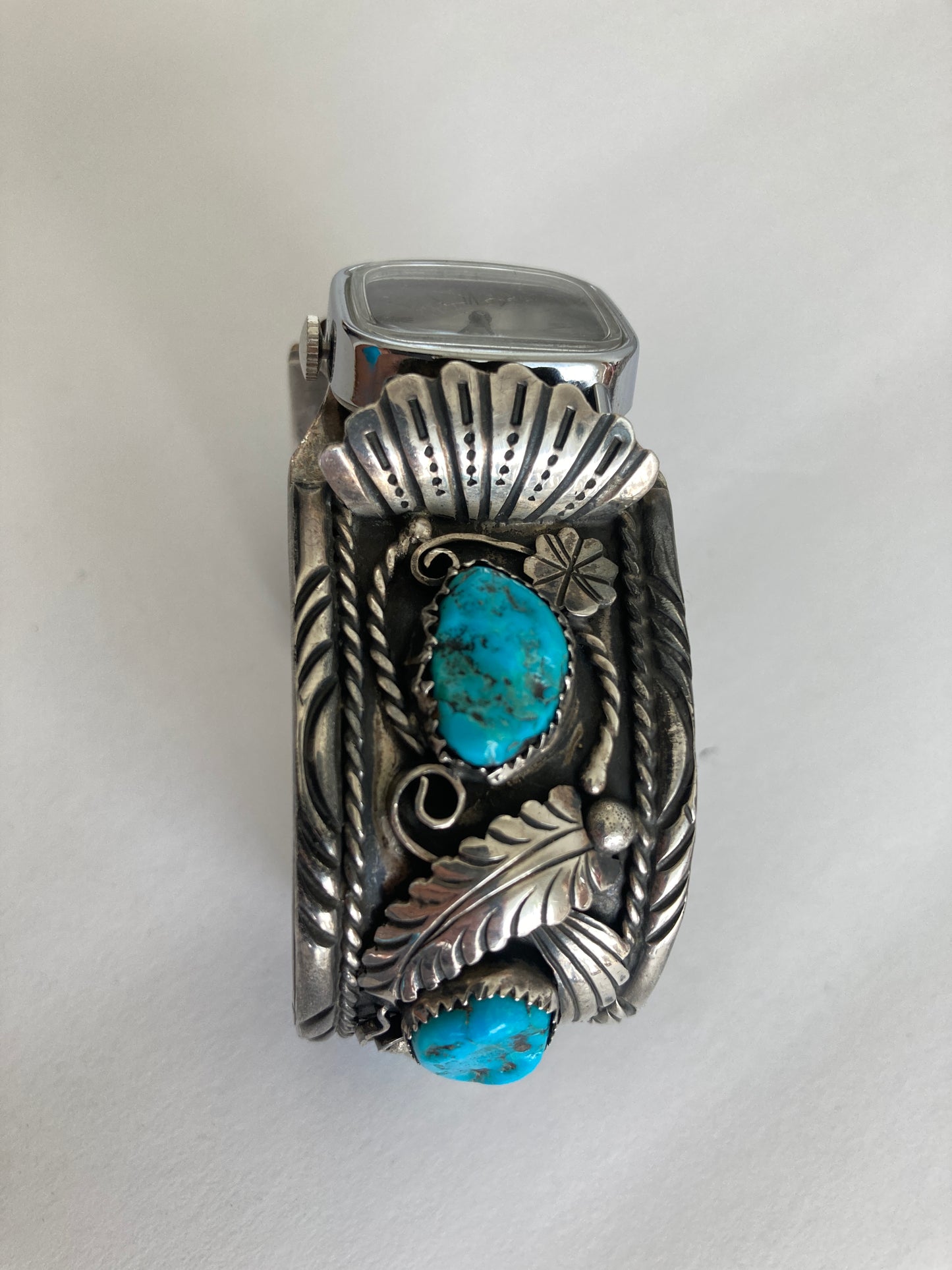 Navajo Silver and Turquoise Large Cuff Watch Marked Ahasteen