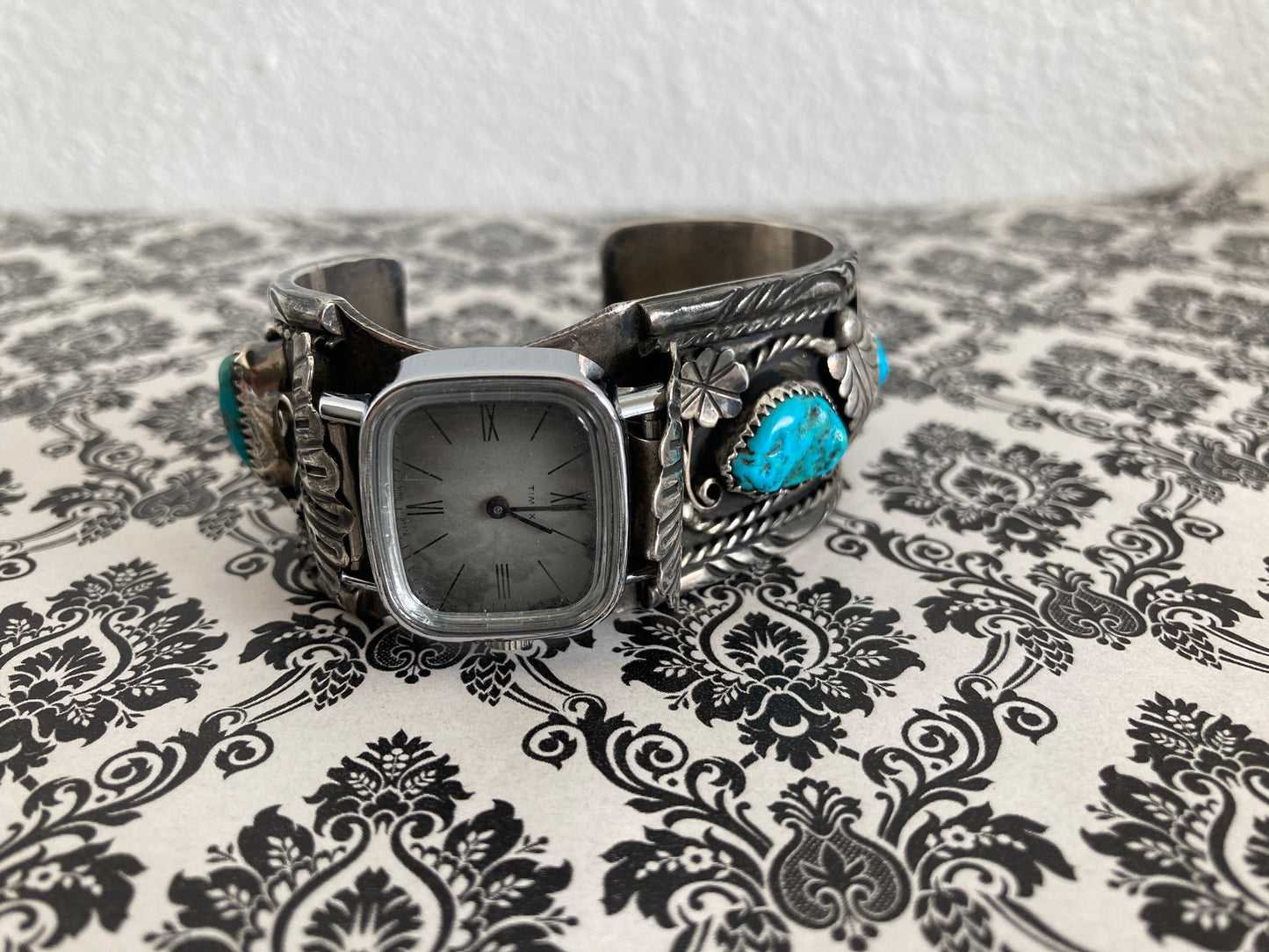 Navajo Silver and Turquoise Large Cuff Watch Marked Ahasteen