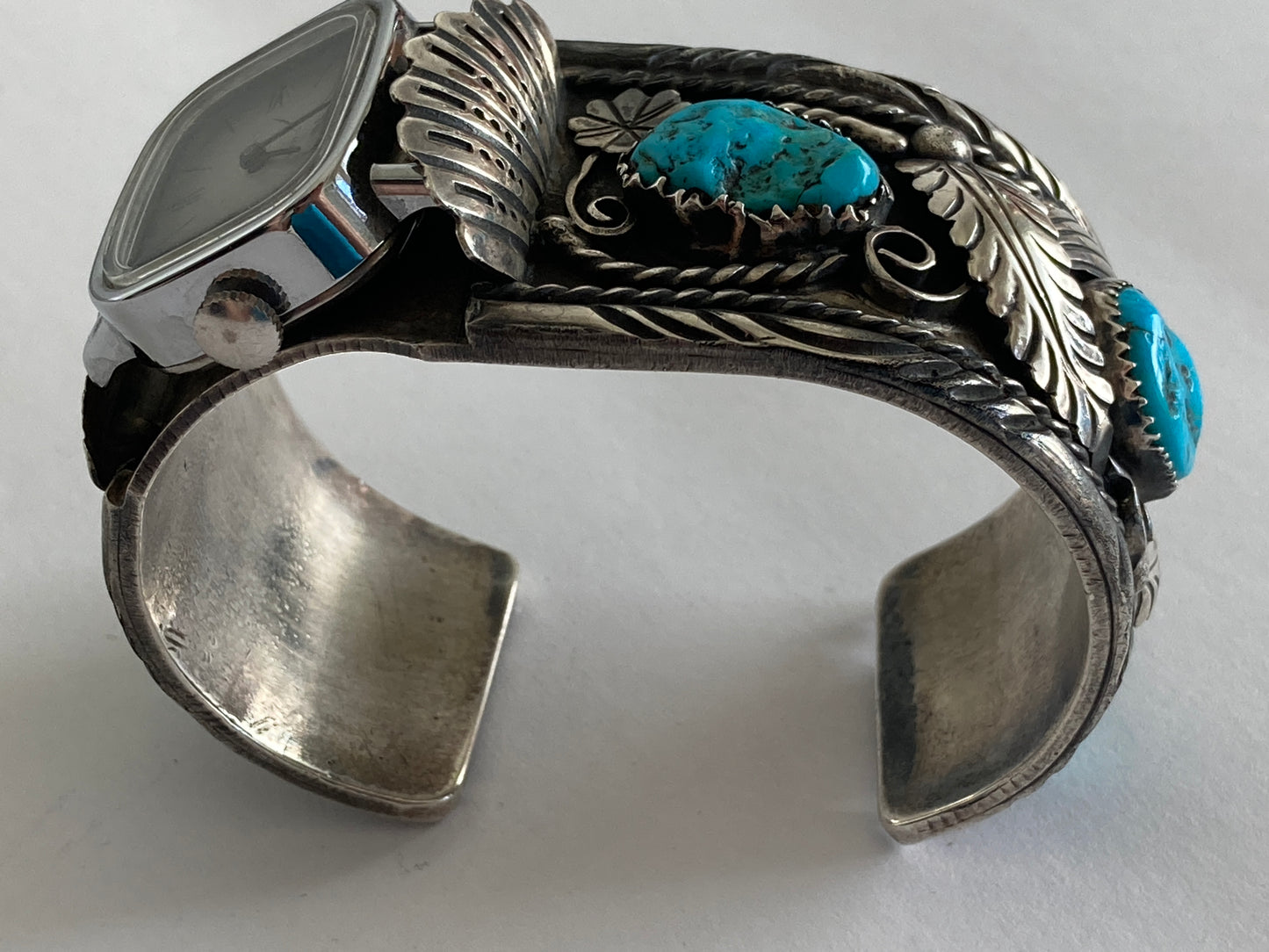 Navajo Silver and Turquoise Large Cuff Watch Marked Ahasteen