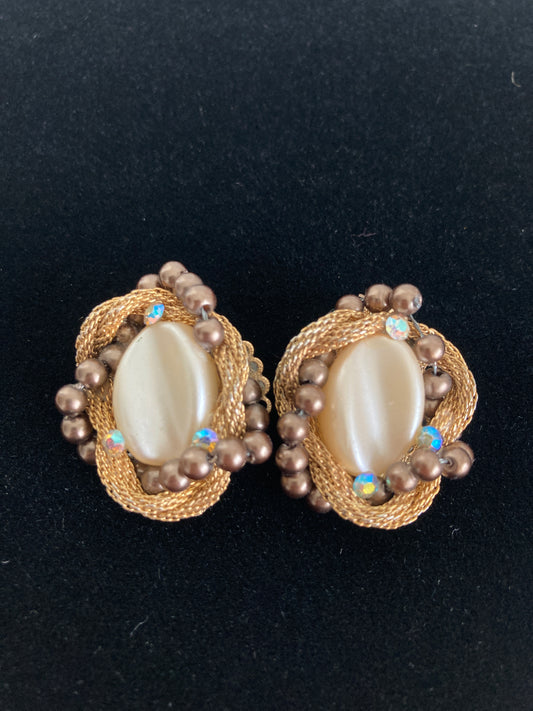 Vintage 1950s Thermoset Earrings Gold Mesh, Pearls, Rhinestones