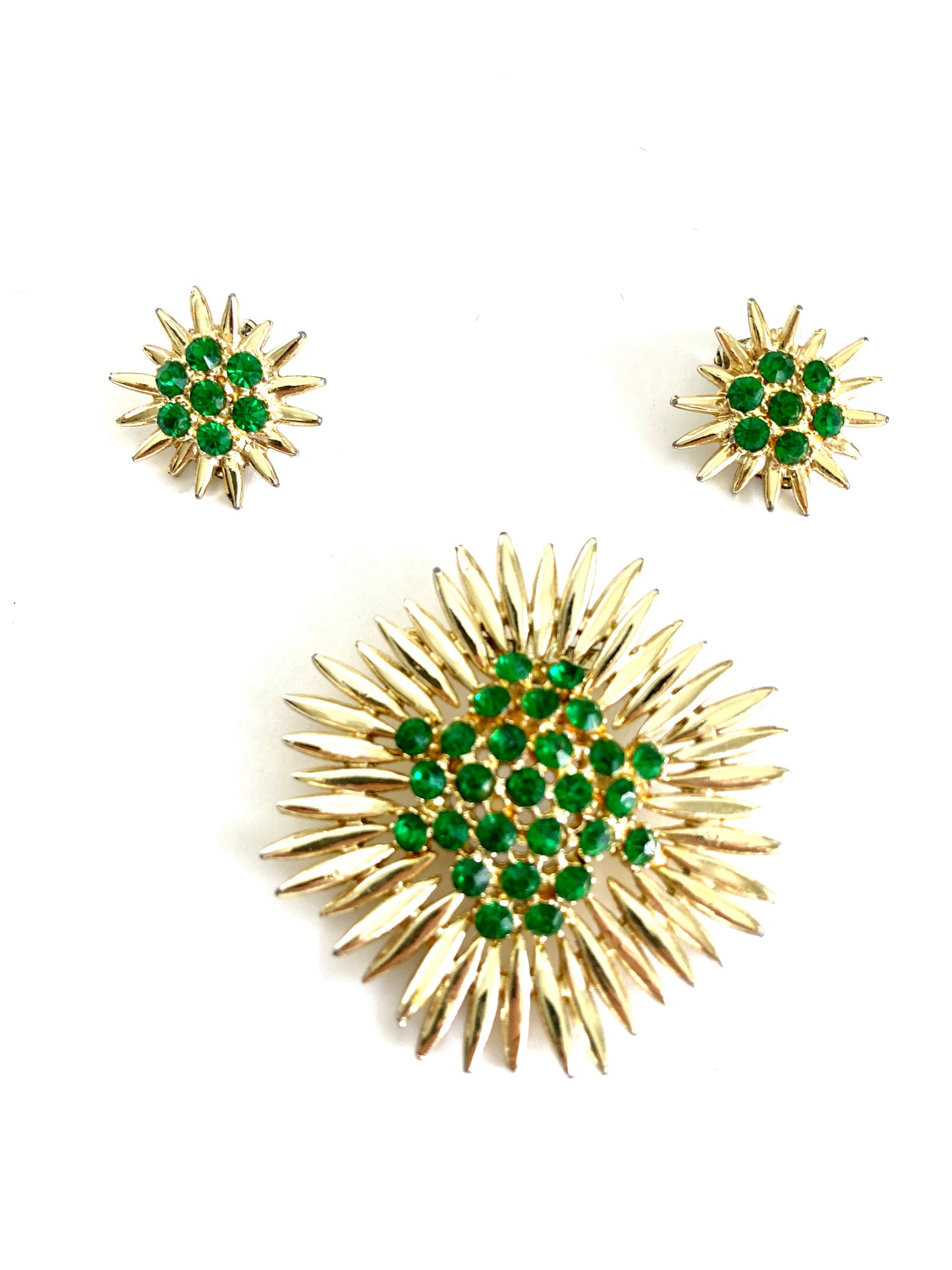 Starburst Brooch and Earrings Set in Green and Gold