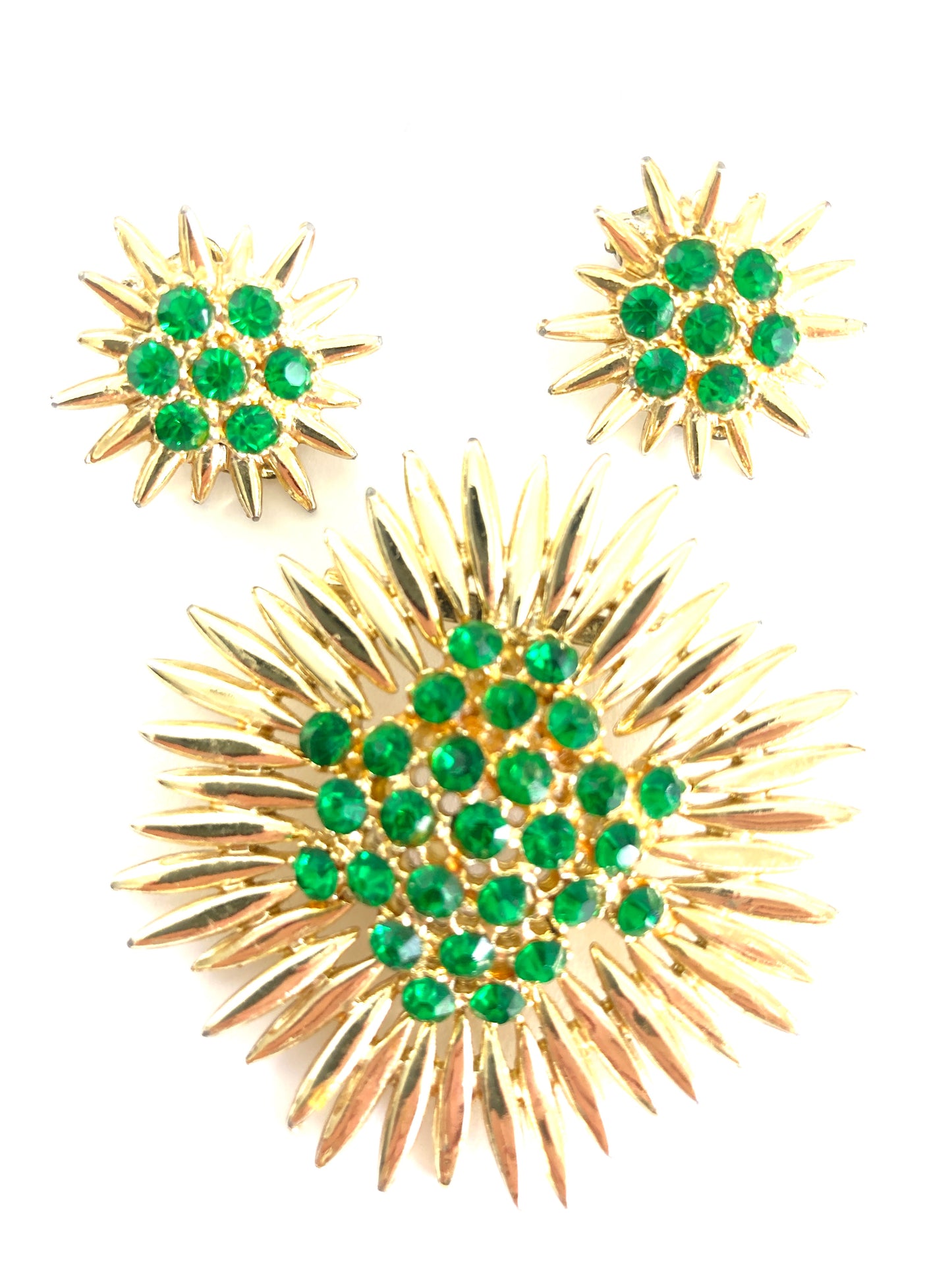 Starburst Brooch and Earrings Set in Green and Gold