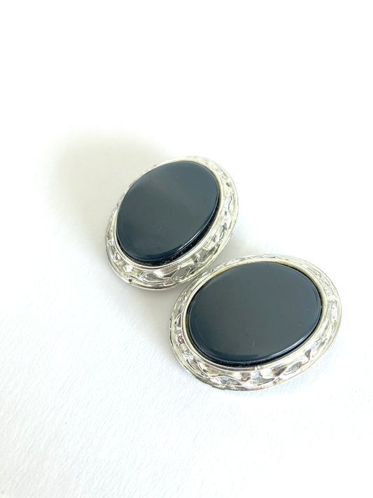 Dark Grey and Silver-tone Oval Clip-on Earrings