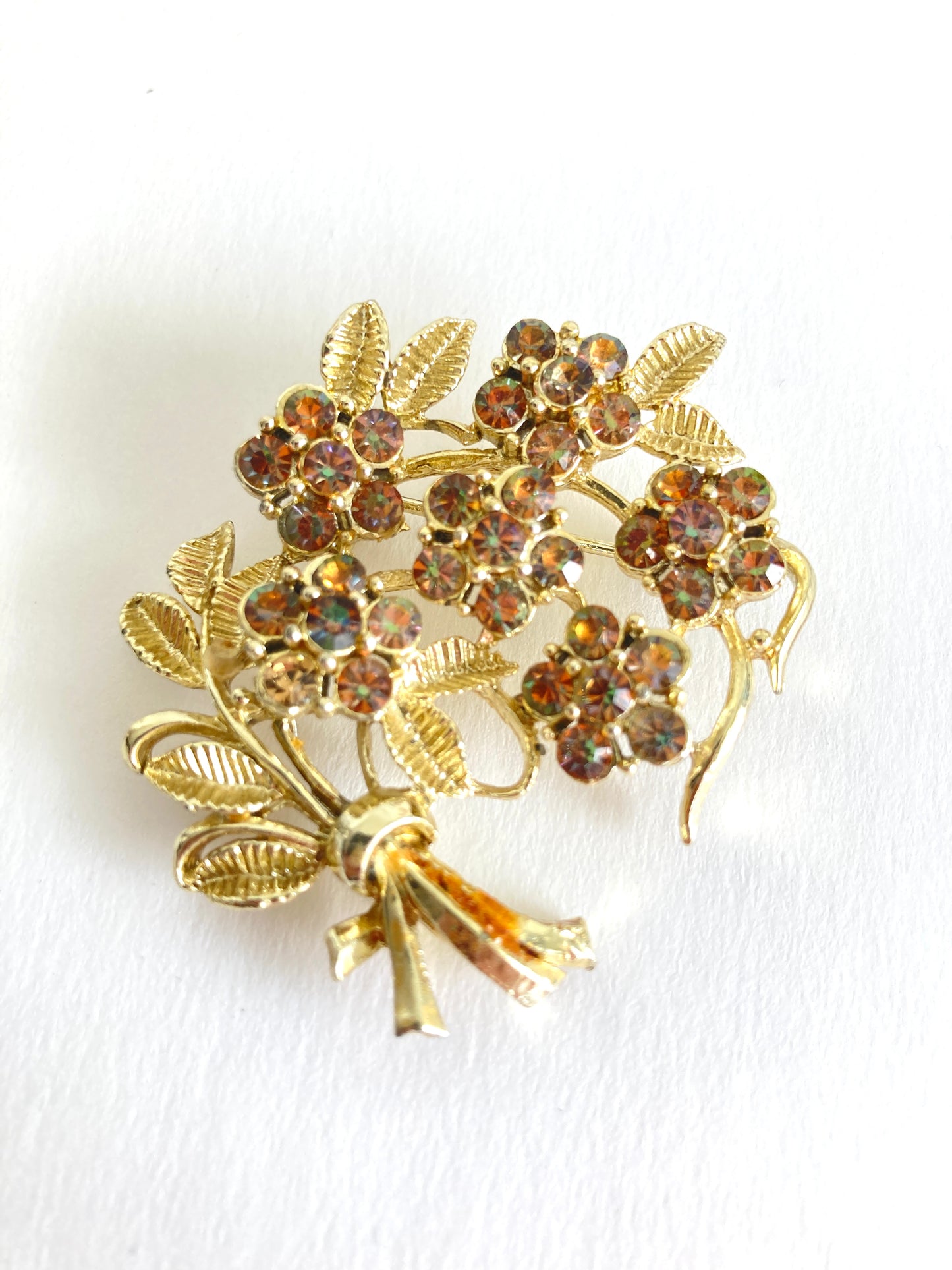 Signed Coro Flowers and Leaves Brooch Gold-tone Amber AB Rhinestones