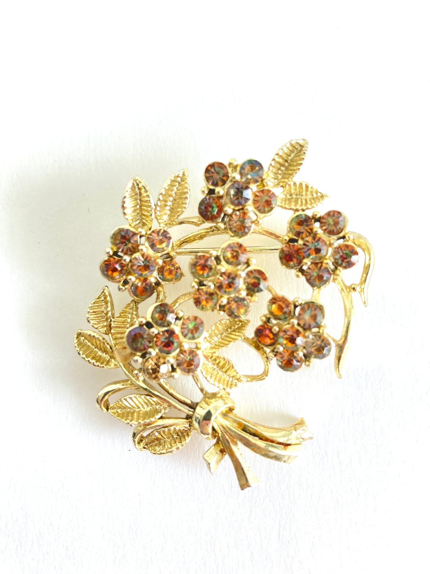 Signed Coro Flowers and Leaves Brooch Gold-tone Amber AB Rhinestones