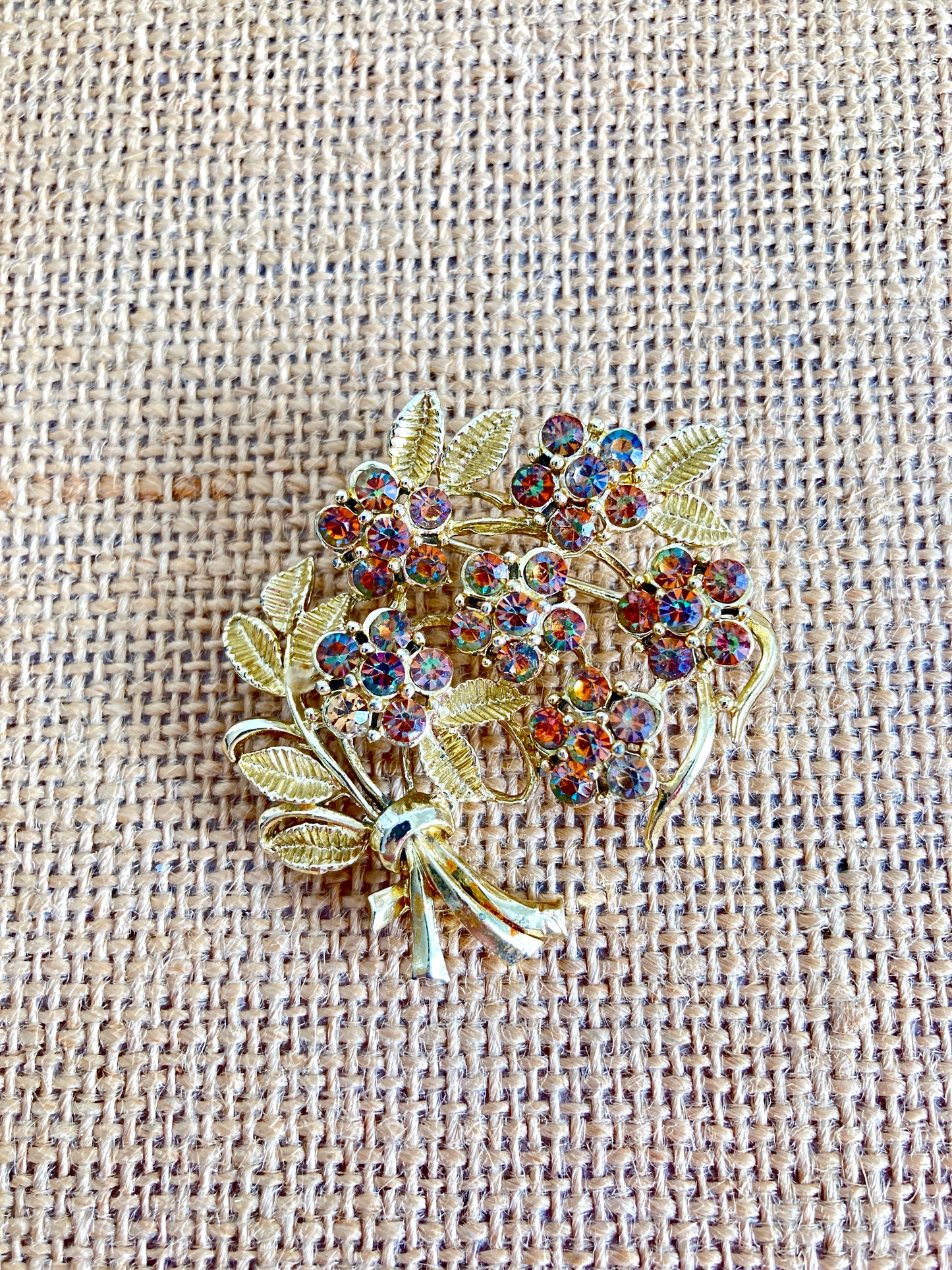 Signed Coro Flowers and Leaves Brooch Gold-tone Amber AB Rhinestones