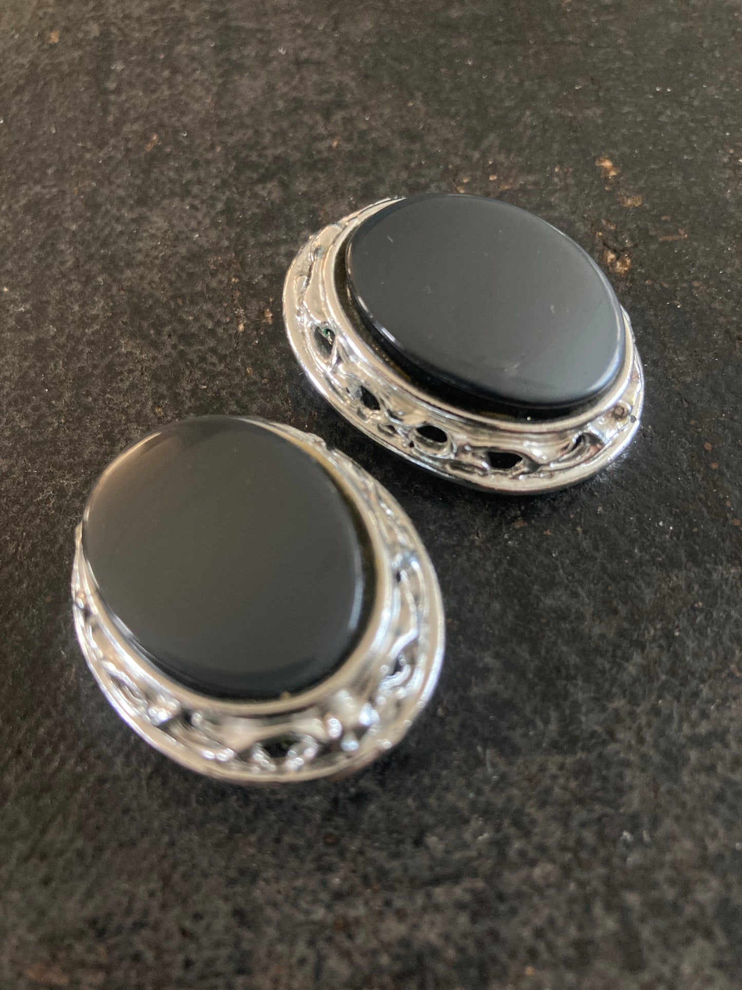 Dark Grey and Silver-tone Oval Clip-on Earrings