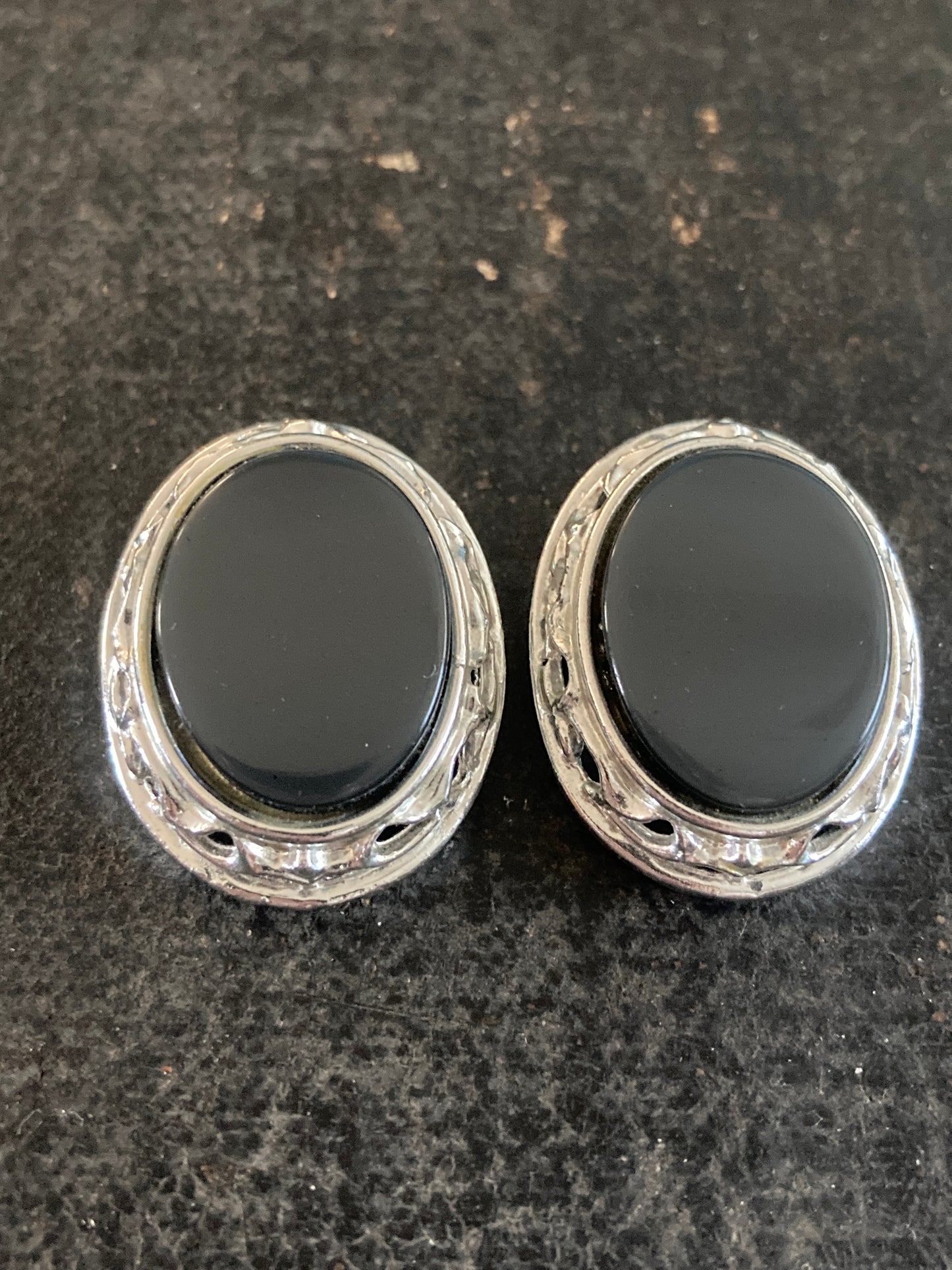 Dark Grey and Silver-tone Oval Clip-on Earrings