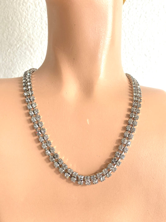 Vintage Double Strand Clear Rhinestone Choker Necklace