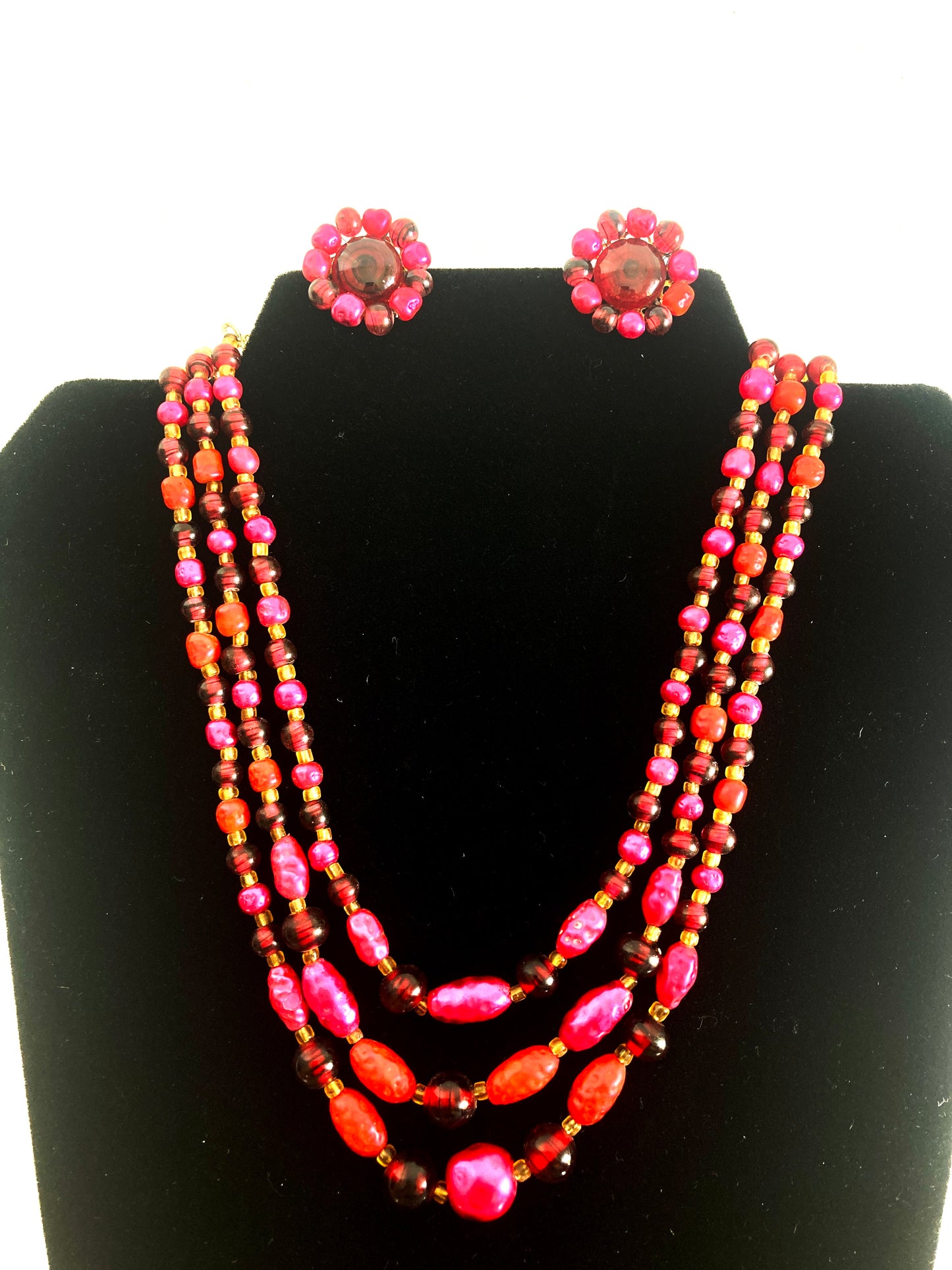 1950s Japan 3 Strand Bead Necklace and Earrings