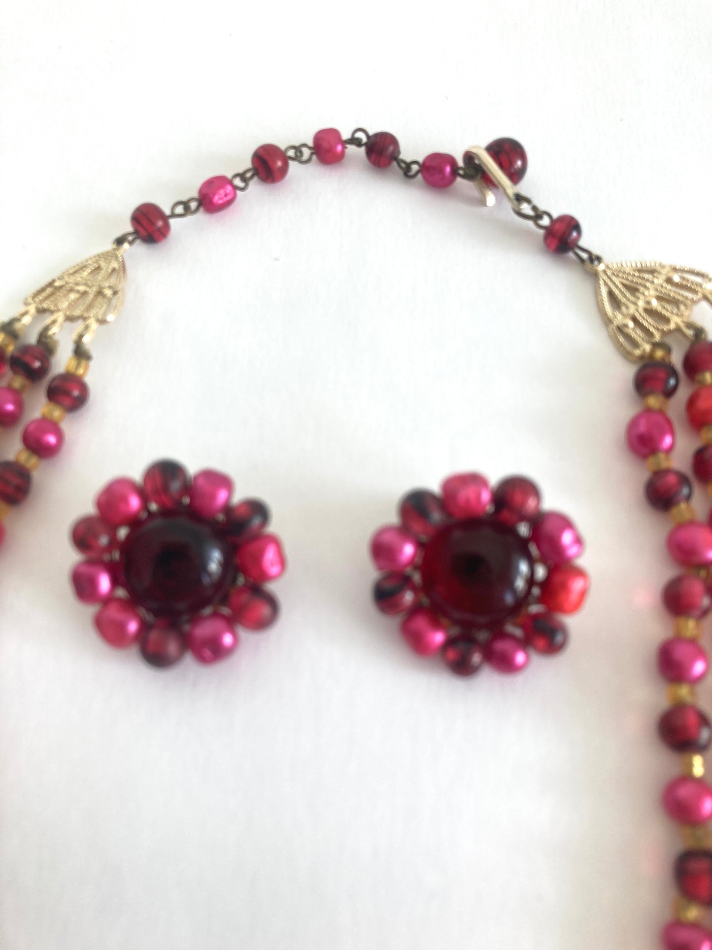 1950s Japan 3 Strand Bead Necklace and Earrings