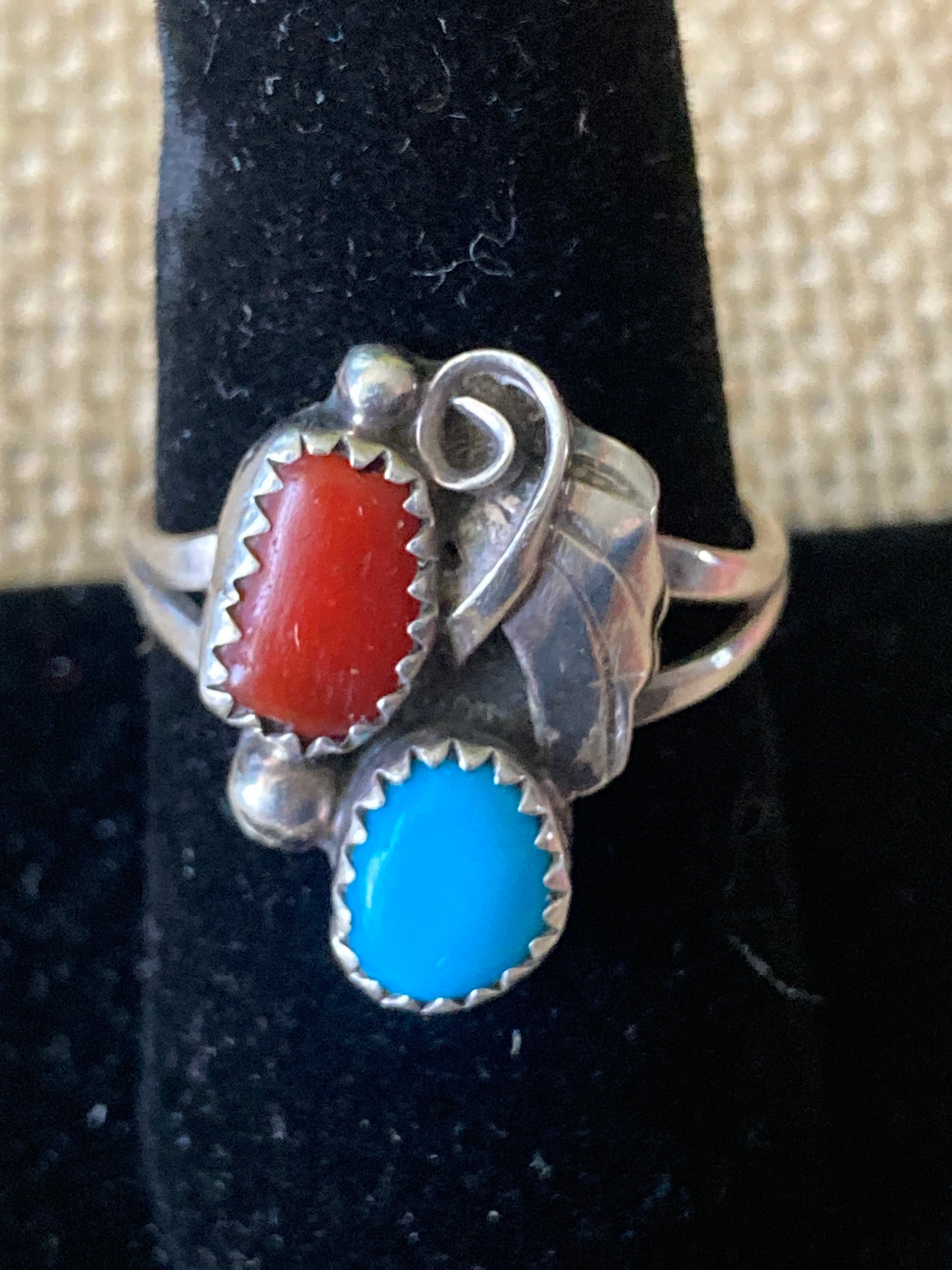 Navajo Style Turquoise and Coral Silver Ring Size 9