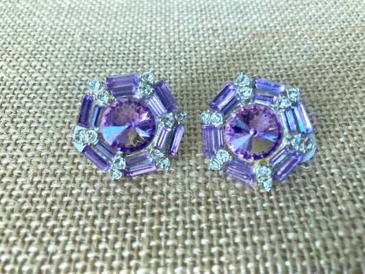 Large Lavender Rivoli Crystal Clip On Earrings