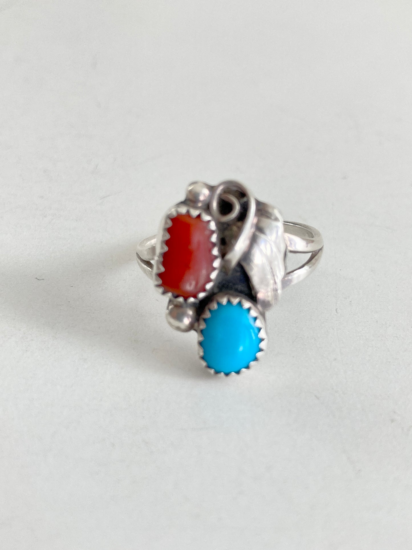 Navajo Style Turquoise and Coral Silver Ring Size 9