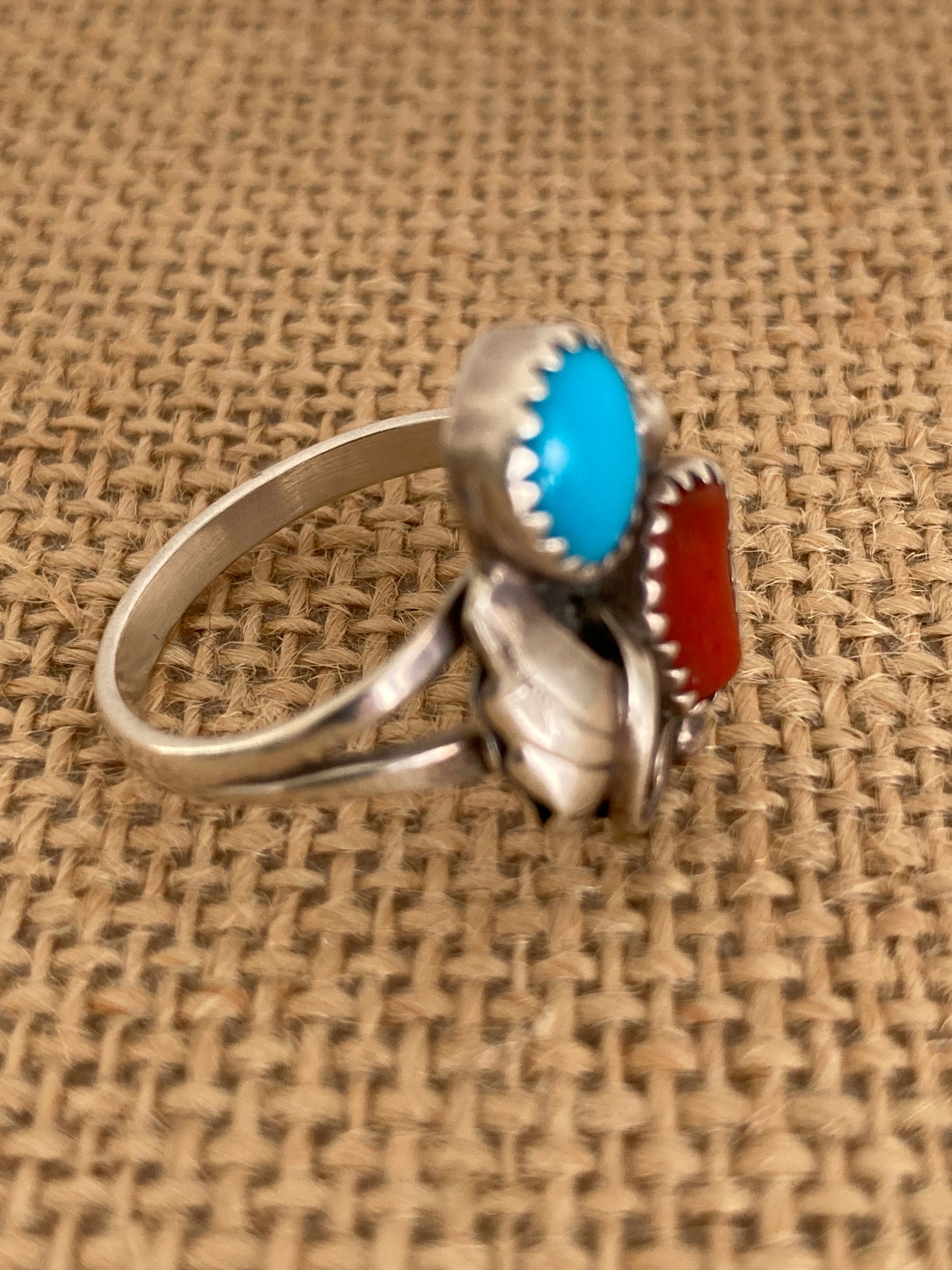 Navajo Style Turquoise and Coral Silver Ring Size 9